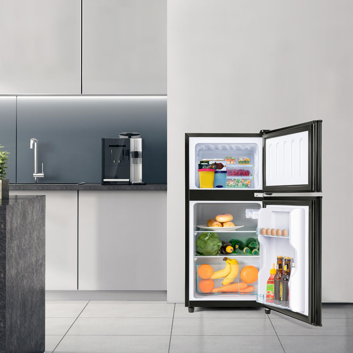 KÜHLSCHRANK 86,8cm Schwarz Doppeltür LED 60L modern - Schwarz, Kunststoff (45.5/42.5/86.8cm) - FLIEKS