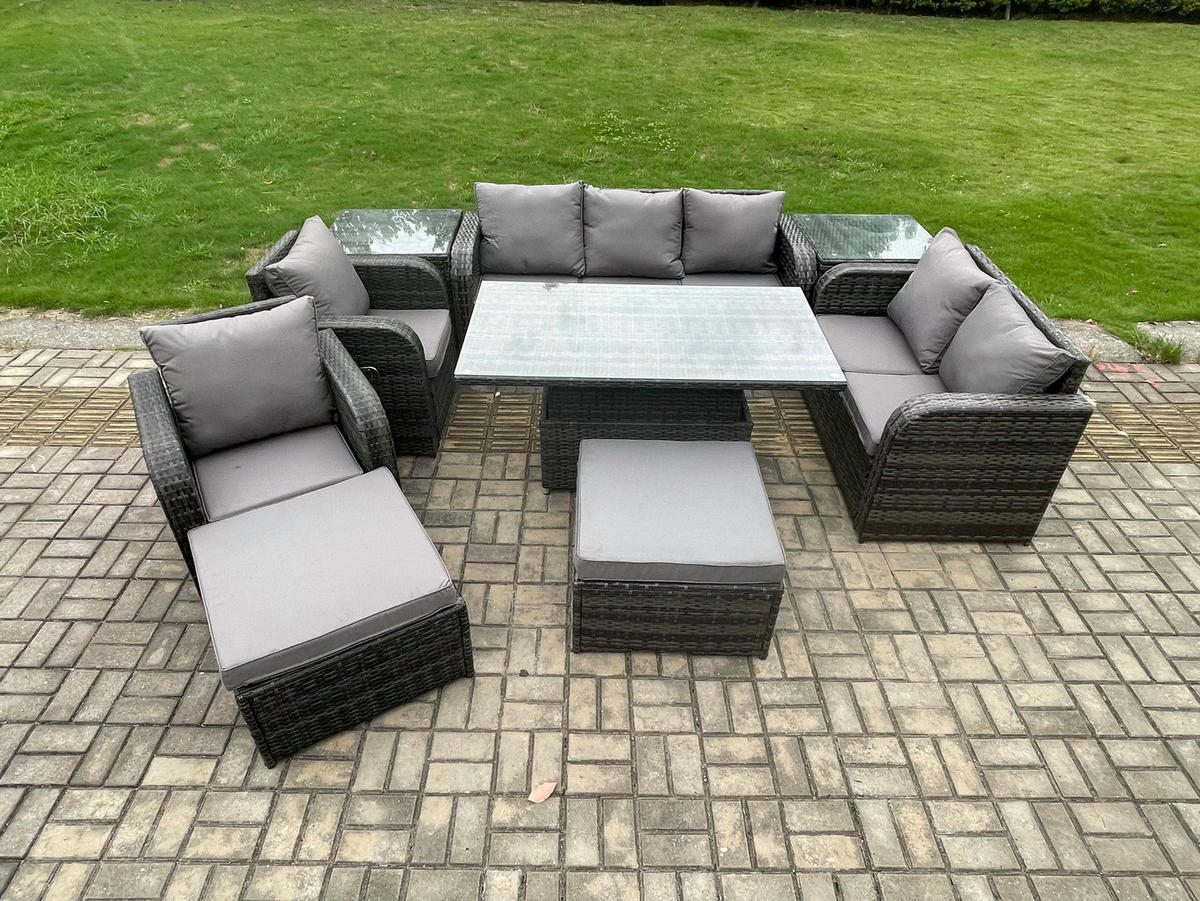 GARTENSET MIT COUCHTISCH BEISTELLTISCH HOCKER Polyrattan Outdoor 9-Sitzer - Dunkelgrau/Grau, Glas/Kunststoff - Fimous