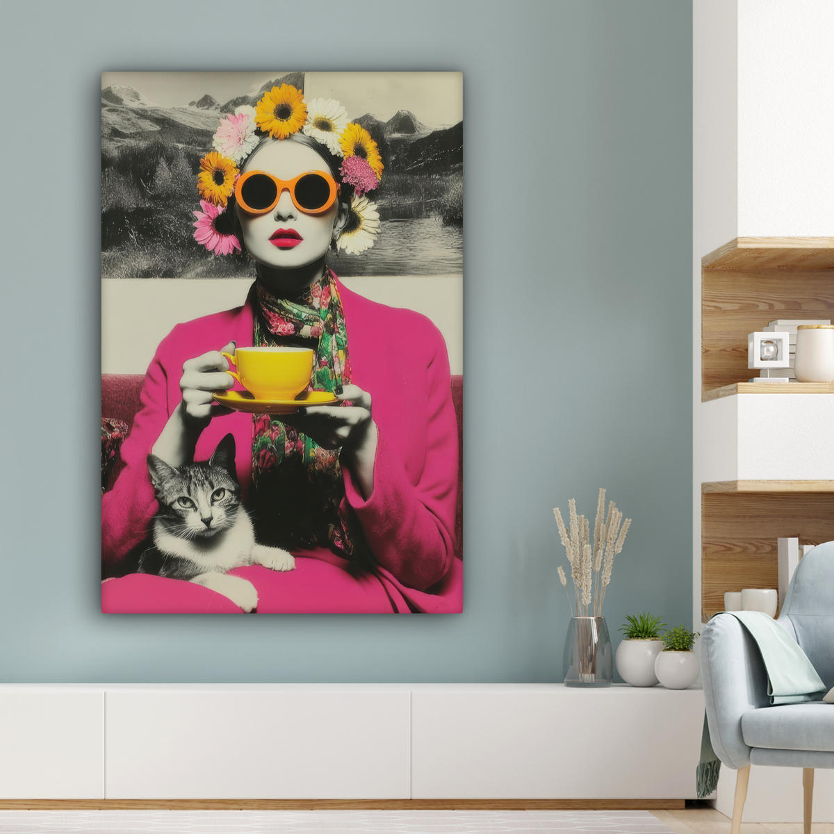 LEINWANDBILD Frau - Katze - Blumen - Tasse - Retro Deko Groß 90x140 cm - Magenta, Textil (90/140cm) - MuchoWow