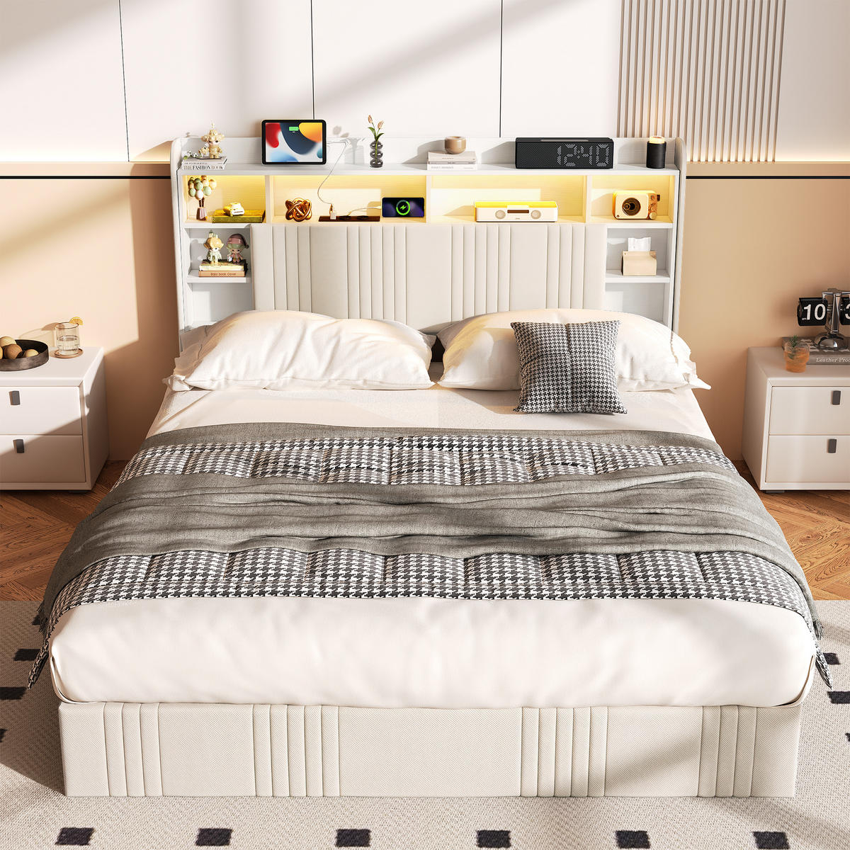POLSTERBETT 140x200 cm Beige mit LED, Bettkasten & USB-C Ladestation - Beige, Holz (140/200cm)