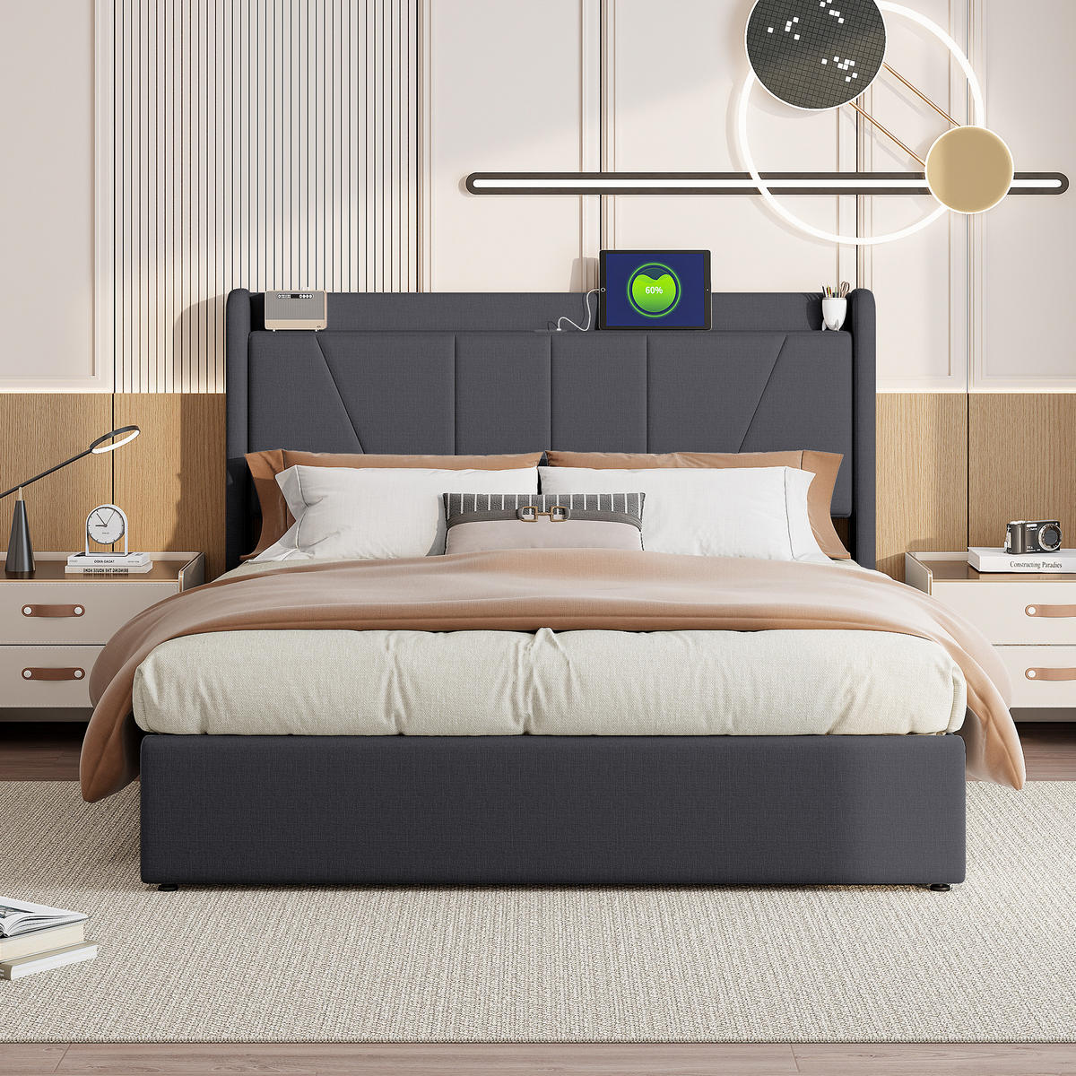 POLSTERBETT 140x200 cm, Grau, LED-Beleuchtung und USB - Grau, Textil/Metall (140/200cm)