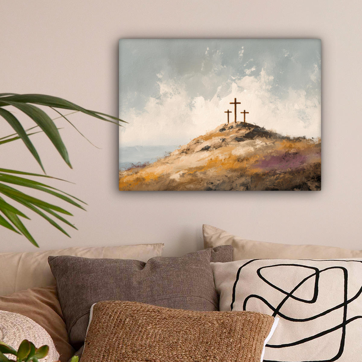 LEINWANDBILD Hügel - Abstrakt - Christentum - Kreuz Wandbild 40x30 cm - Hellgrau, Textil (40/30cm) - MuchoWow