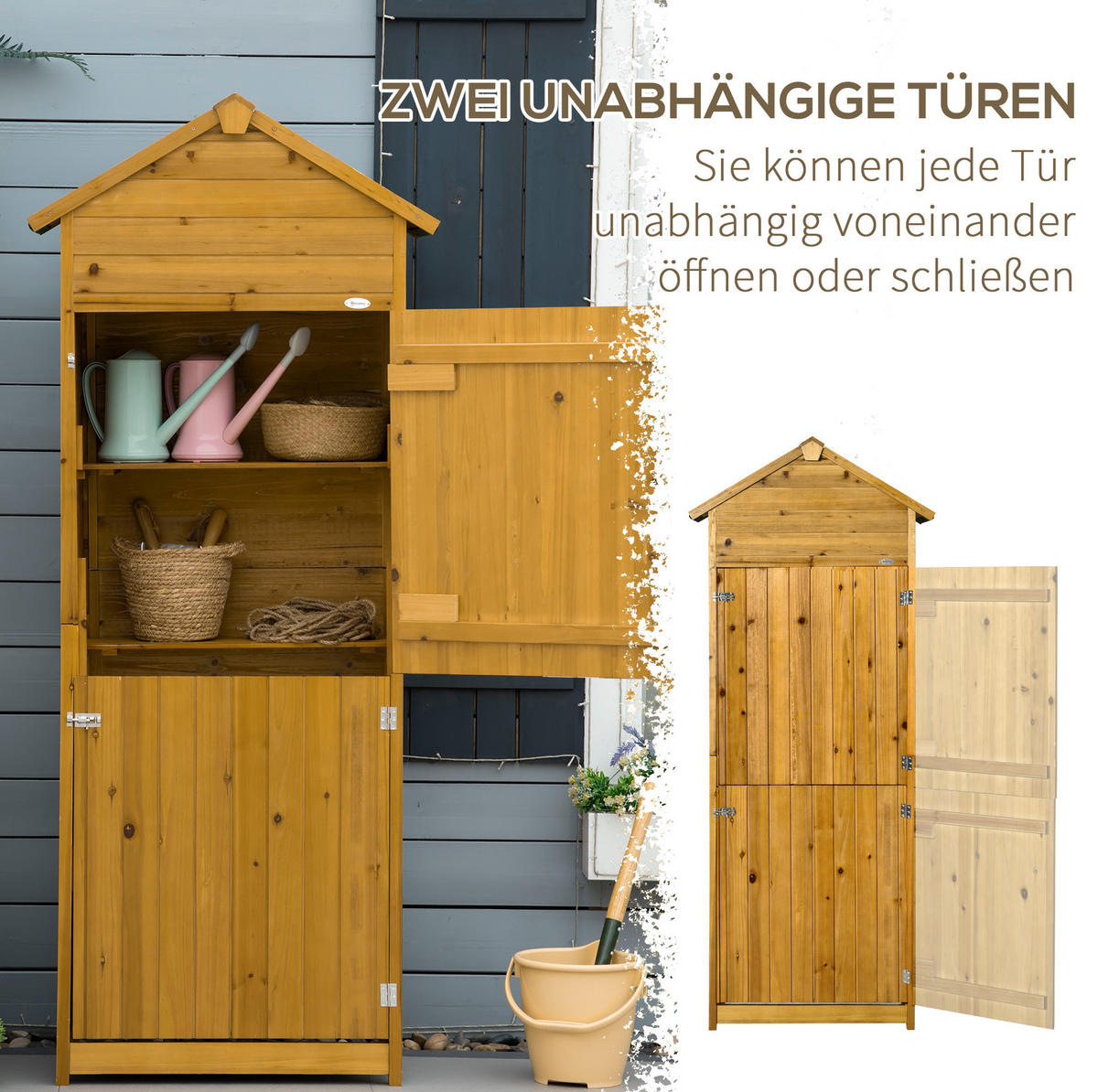 GARTENSCHRANK 49/79/191,5 cm mit 2 Türen, 2 Regalböden und wetterfestem Bitumendach, Naturholz - Naturfarben, Holz (49/191.5/79cm) - Redom