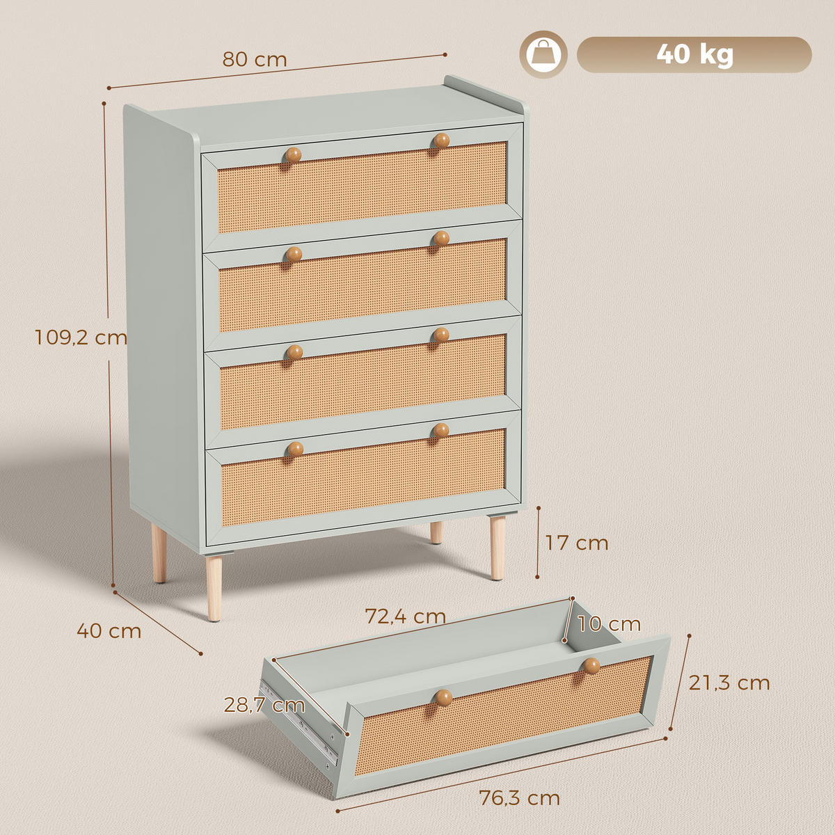 KOMMODE MDF Kiefernholz Salbeigrün - Salbeigrün/Naturfarben, Holz/Holzwerkstoff (40/109.2/80cm) - HOMCOM