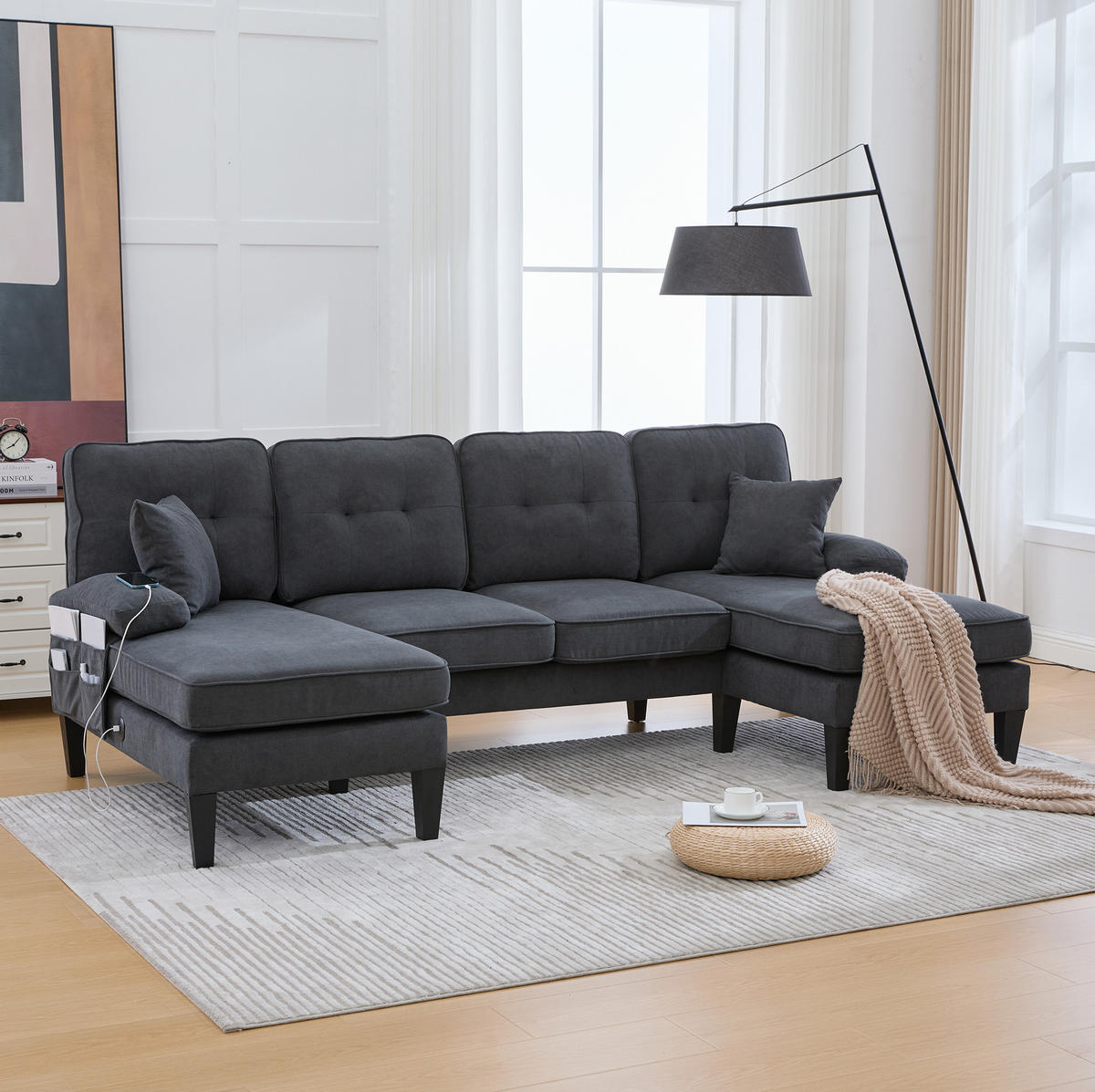 WOHNLANDSCHAFT aus Leinenstoff 250x130x88 cm in Dunkelgrau mit USB/Type-C - Dunkelgrau, Textil (130/88/250cm) - Modfu
