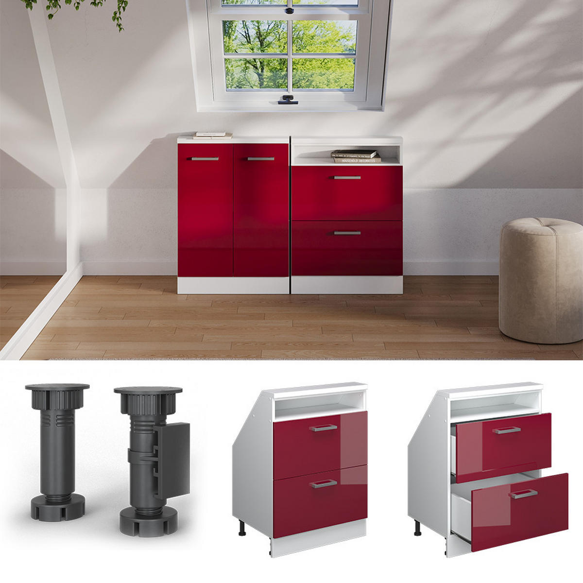 DACHSCHRÄGENSCHRANK Rion Bordeaux Hochglanz/Weiß mit 2 Schubladen - Bordeaux/Weiß, Holzwerkstoff (60/81.6/46cm) - Vicco