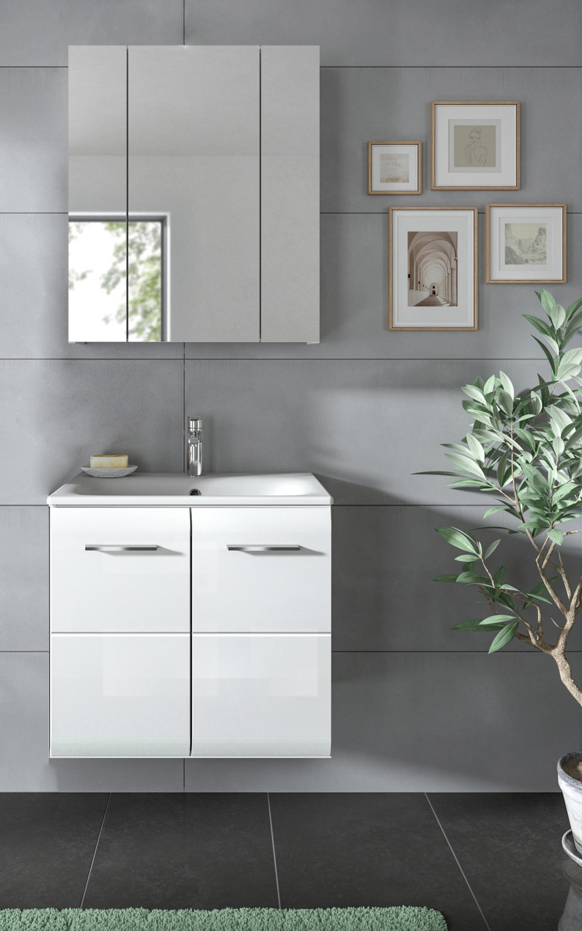 BADMÖBEL-SET 2-teilig weiß Hochglanz, Kombination inklusive Waschbecken 60 cm - Weiß Hochglanz/Silberfarben, Glas/Keramik (60/185/46cm) - Inn.Furn