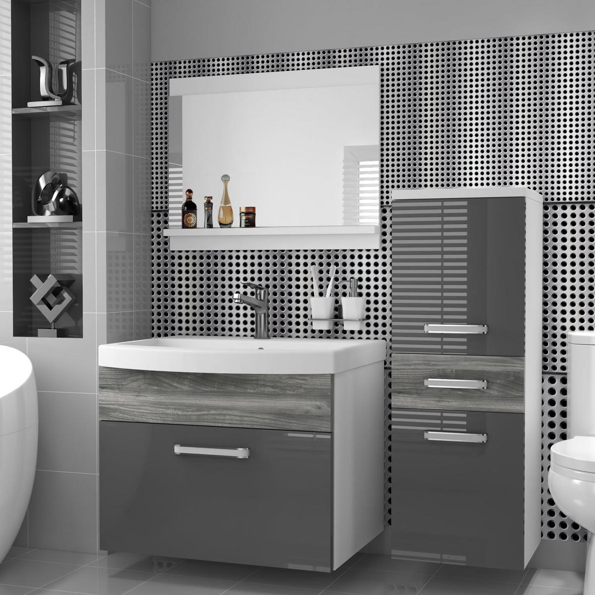 BADMÖBEL Badezimmer SET PRI PM2, Grau Glamour Hochglanz, 90 cm - Grau, Holz (38.7/81/90cm) - B BELINI GROUP