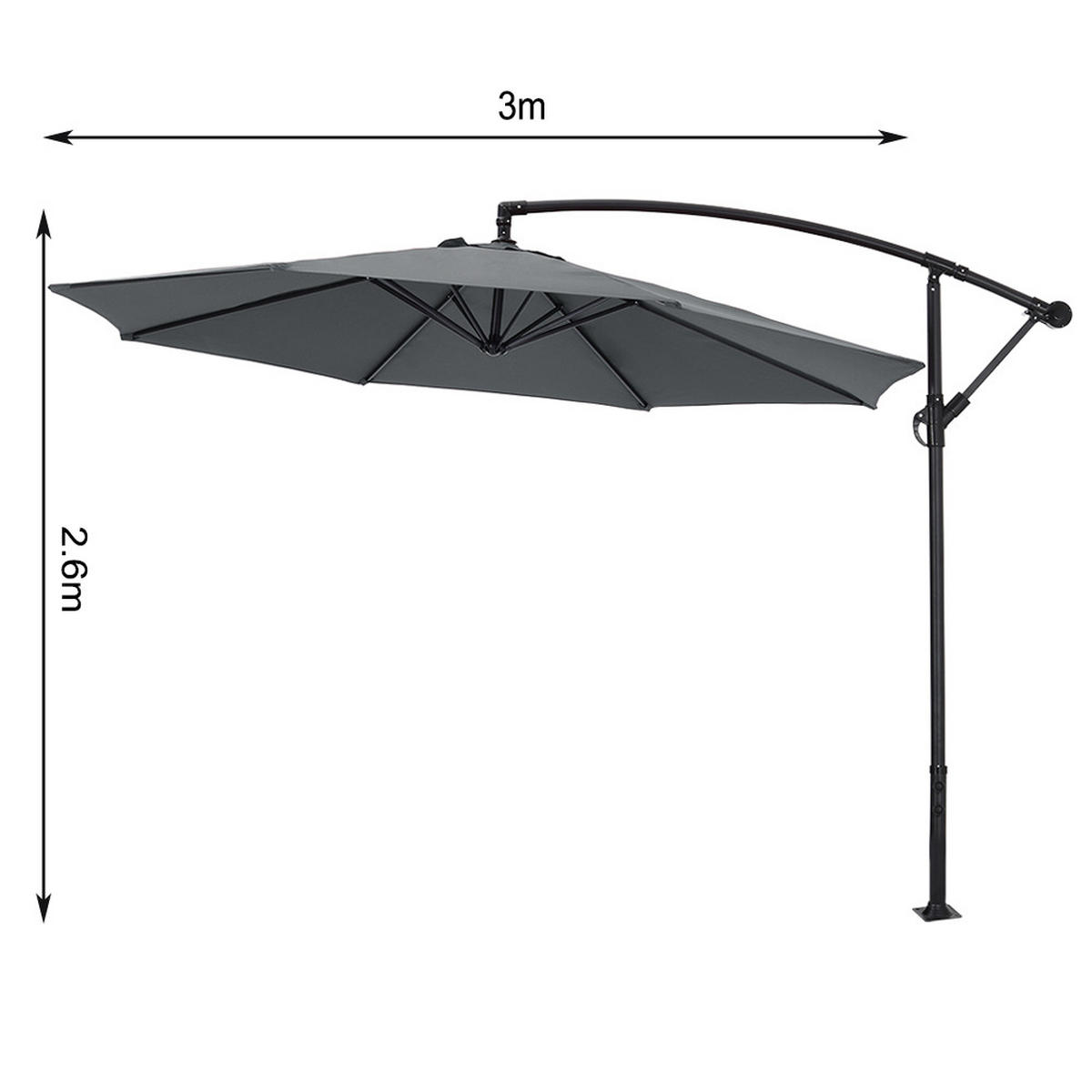 AMPELSCHIRM aus Polyester Metall in Dunkelgrau mit befüllbarer Kunststoff-Sockel und Kreuzständer drehbar 360° neigbar 60° 3 x 2.6m - Dunkelgrau, Metall (300/240cm) - Livingandhome