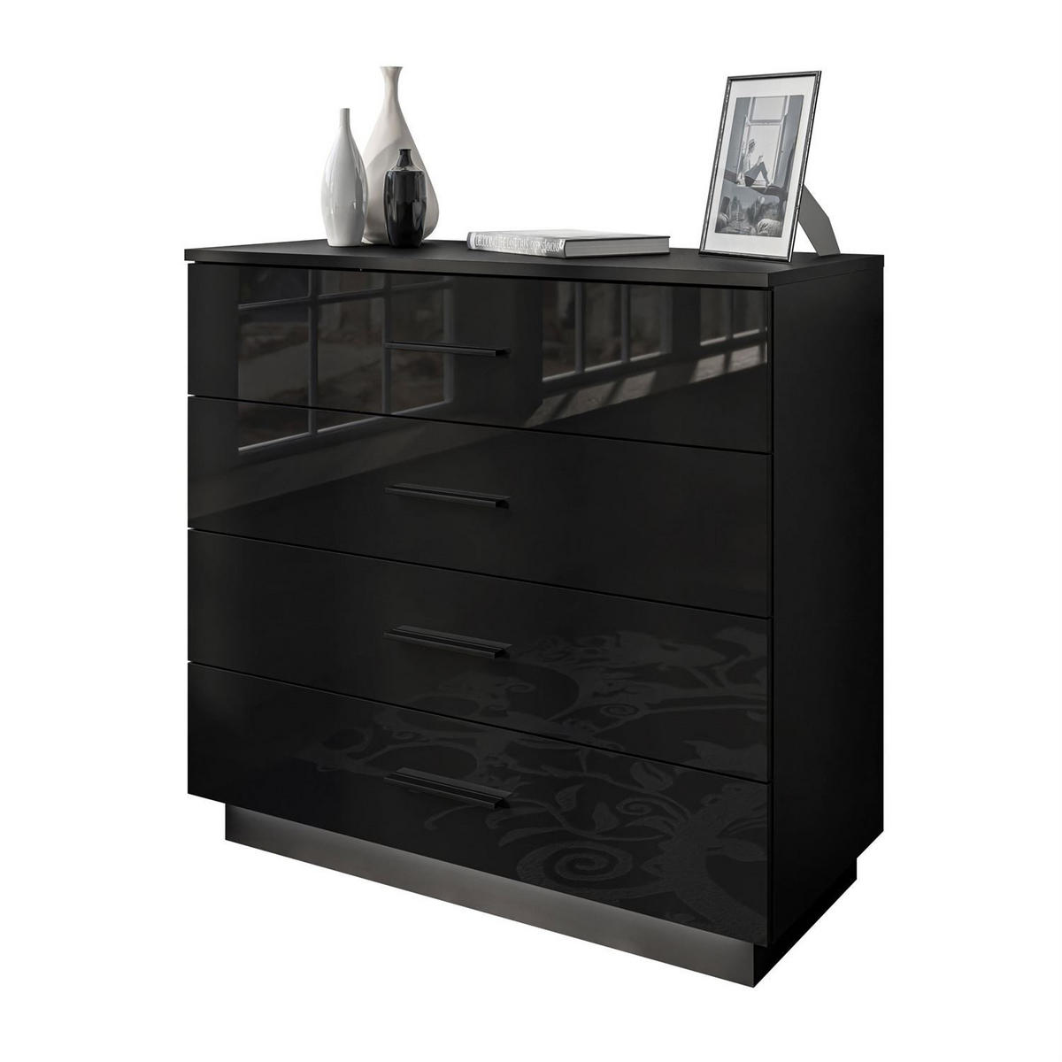 KOMMODE LINA 95 mit Griffen Schwarzer Glanz LED Griffe Schwarz - Schwarz, Holzwerkstoff (95/84/40cm) - Lookway