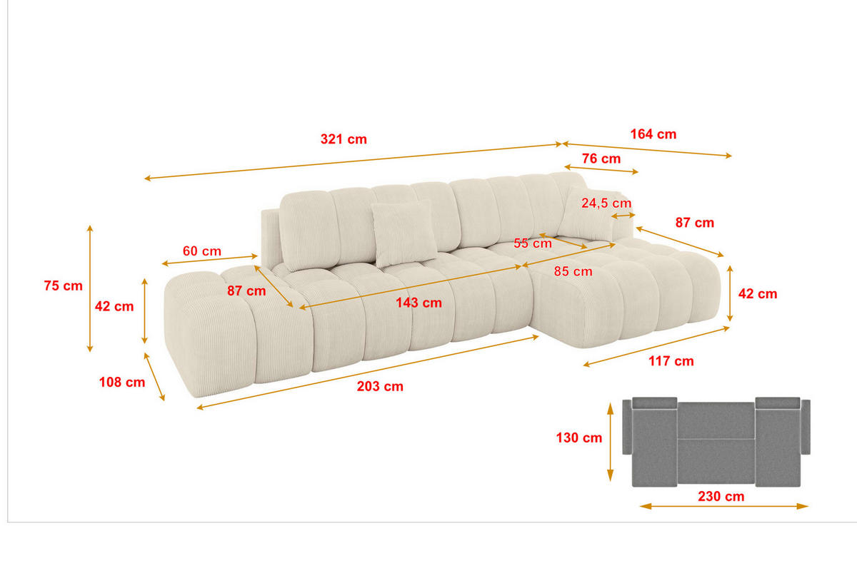 ECKSOFA mit Schlaffunktion Ottomane RECHTS OLEA-L2 321x164x75 Beige Cord - Schwarz/Cappuccino, Holzwerkstoff/Kunststoff (164/321cm) - ALTDECOR