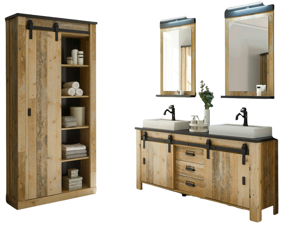 BADMÖBEL-SET Used Wood hell, anthrazit, Doppelwaschtisch mit Waschbecken LED Spiegellampe Stove - Eichefarben/Anthrazit, Holzwerkstoff/Metall (277/210/43cm) - Furn.Design