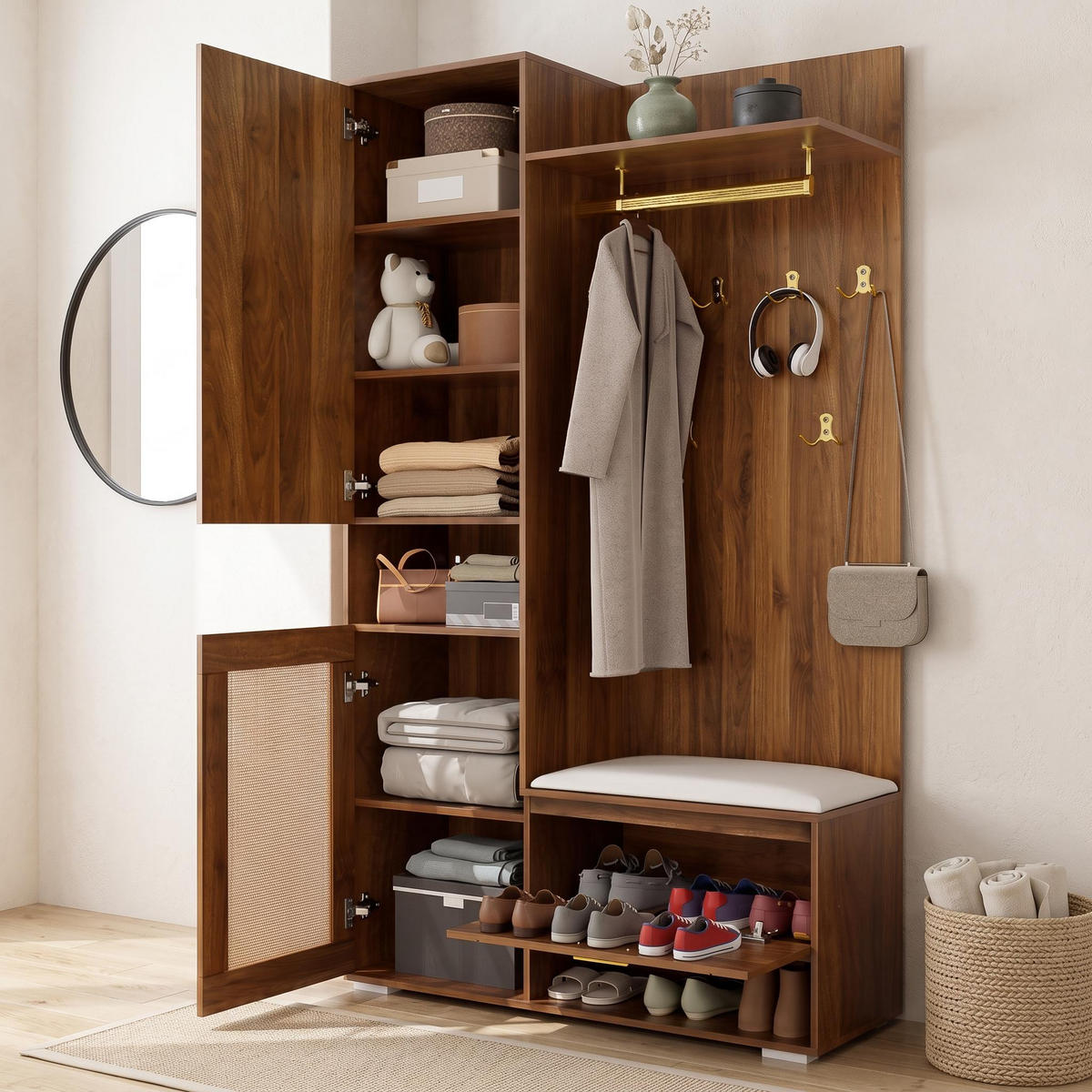FLUR-SET mit Spiegel, Schuhschrank, Wandgarderobe, LED-Beleuchtung - Multicolor, Holz (38/190/110cm) - Meubles Cosy