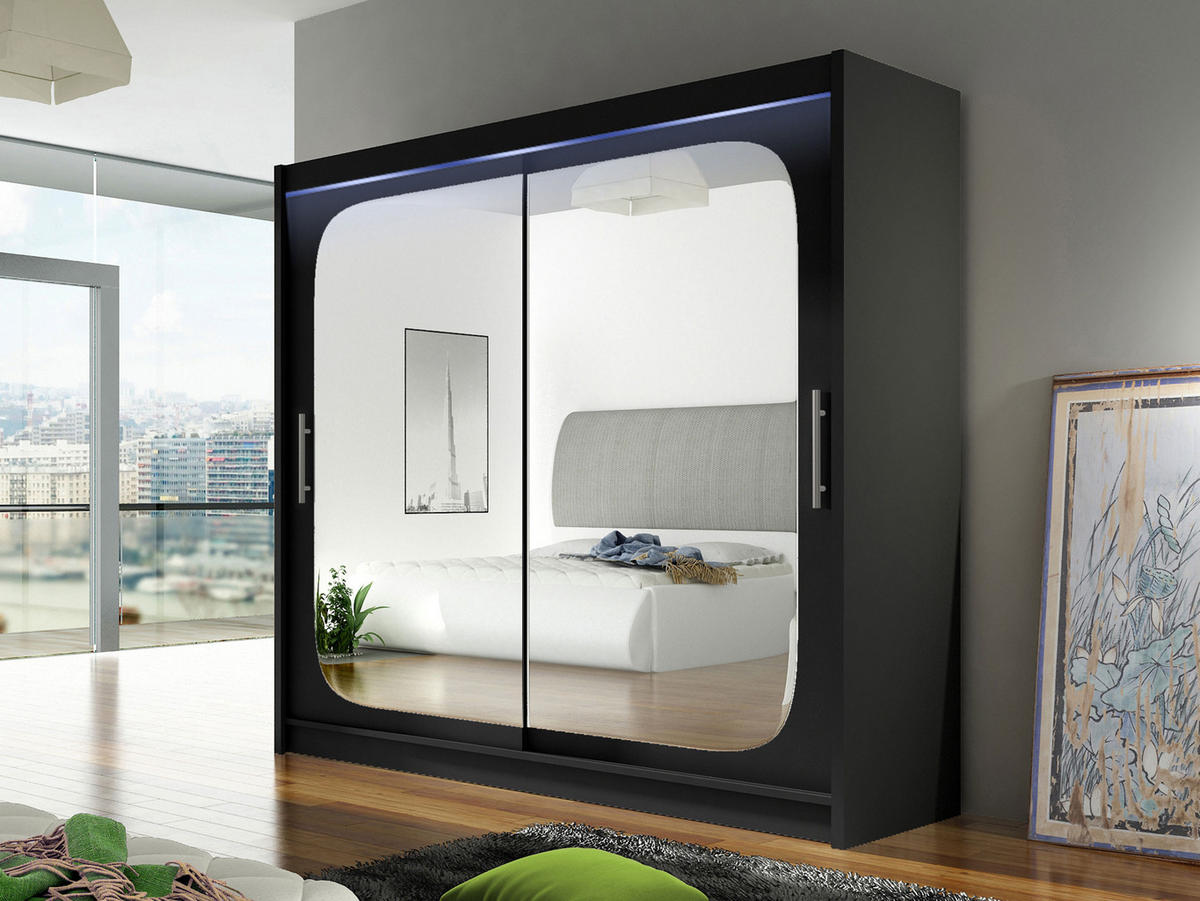 KLEIDERSCHRANK London VIII, mit RGB LED Beleuchtung - Silberfarben/Schwarz, Holzwerkstoff/Kunststoff (180/215/58cm) - MIRJAN24