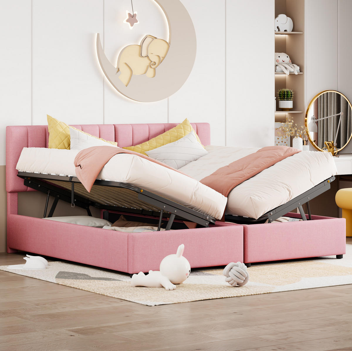 POLSTERBETT 180/200 cm mit hydraulischem Stauraum, 2-in-1 umbaubar und verstellbarem Kopfteil, Rosa - Pink, Textil (180/200cm) - Redom