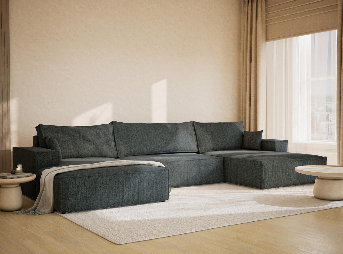 WOHNLANDSCHAFT Kyoto Blau Webstoff - Blau/Schwarz, Holz/Holzwerkstoff (398/70/148cm) - Maison de Reve