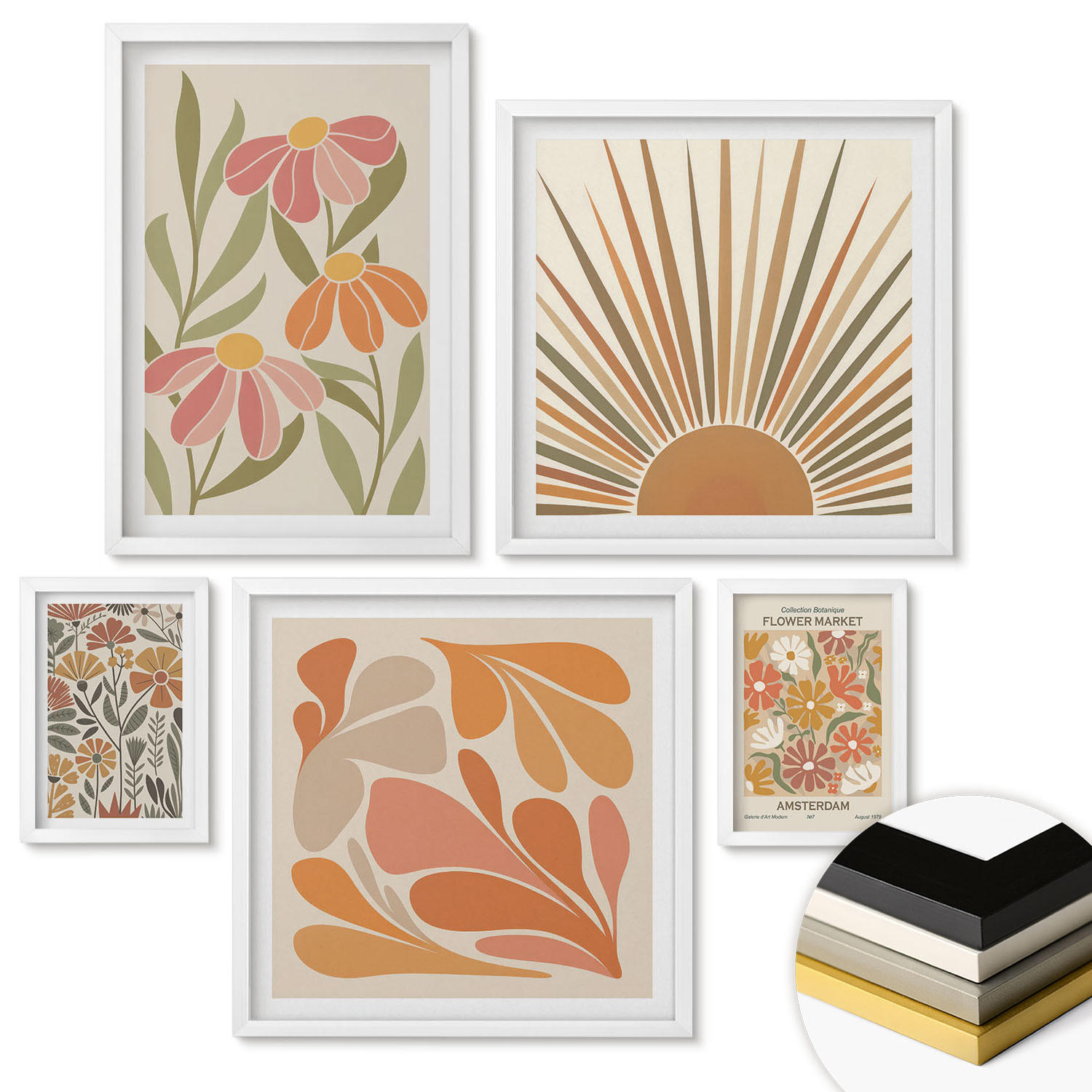 WANDBILDER 5er-Set - 50x50 cm & 20x30 cm & 40x60 cm Weißer Rahmen - Pastellfarbene Sonnenblumen - Weiß, Kunststoff (40/60cm) - ArtPrintCave