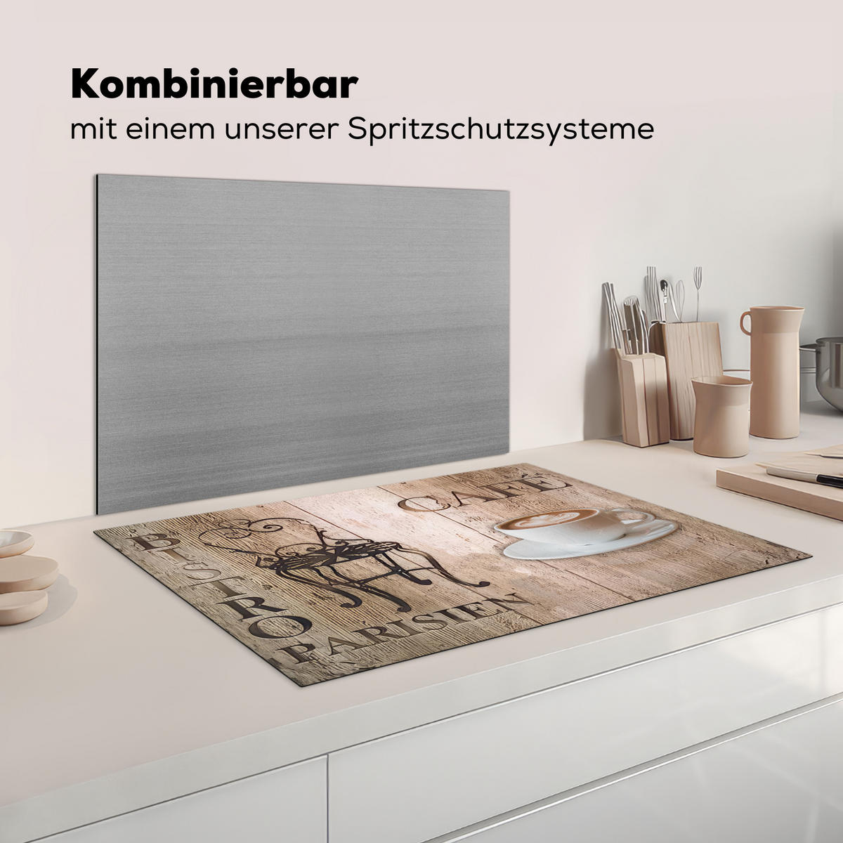 KRYT NA INDUKČNÍ DESKU Bistro Parisien - Kavárna - Káva - Vintage 81x52 cm - kapučínová, plast (81/52/0.2cm) - MuchoWow