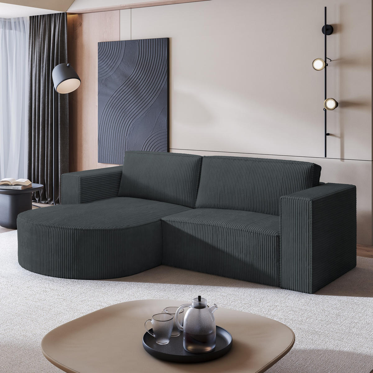 ECKSOFA SORELA P L-S Graphitfarben Kordstoff mit Schlaffunktion - Graphitfarben, Holz (263/174cm) - MASSENO