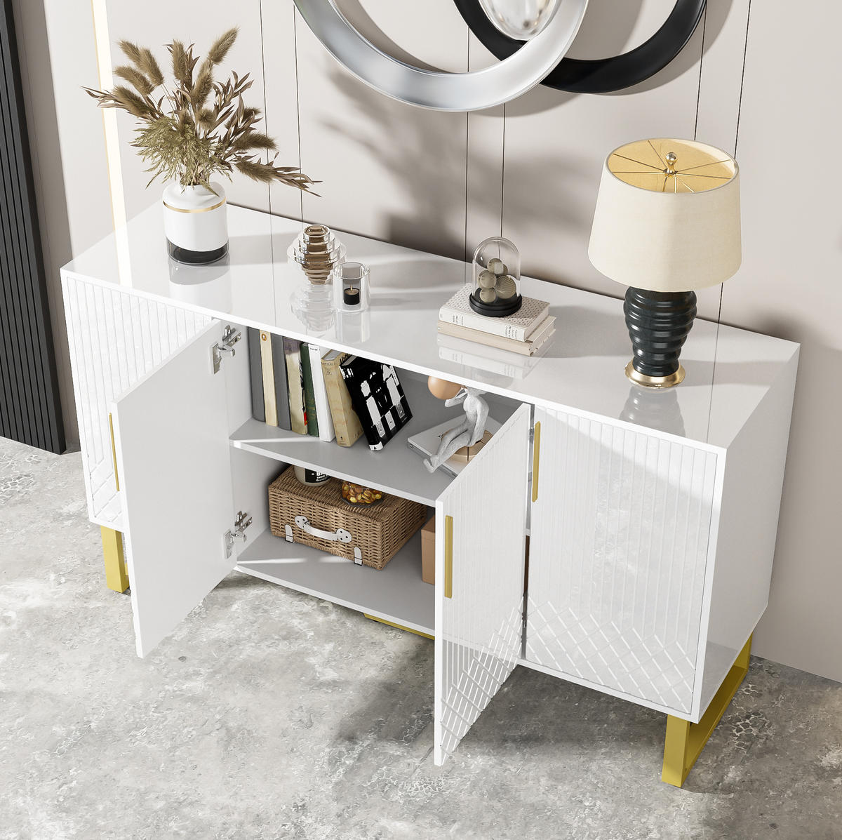 SIDEBOARD 4-türig 140 x 40 x 80 cm MDF Weiß Hochglanz - Weiß, Holzwerkstoff (40/80/140cm) - Meubliv