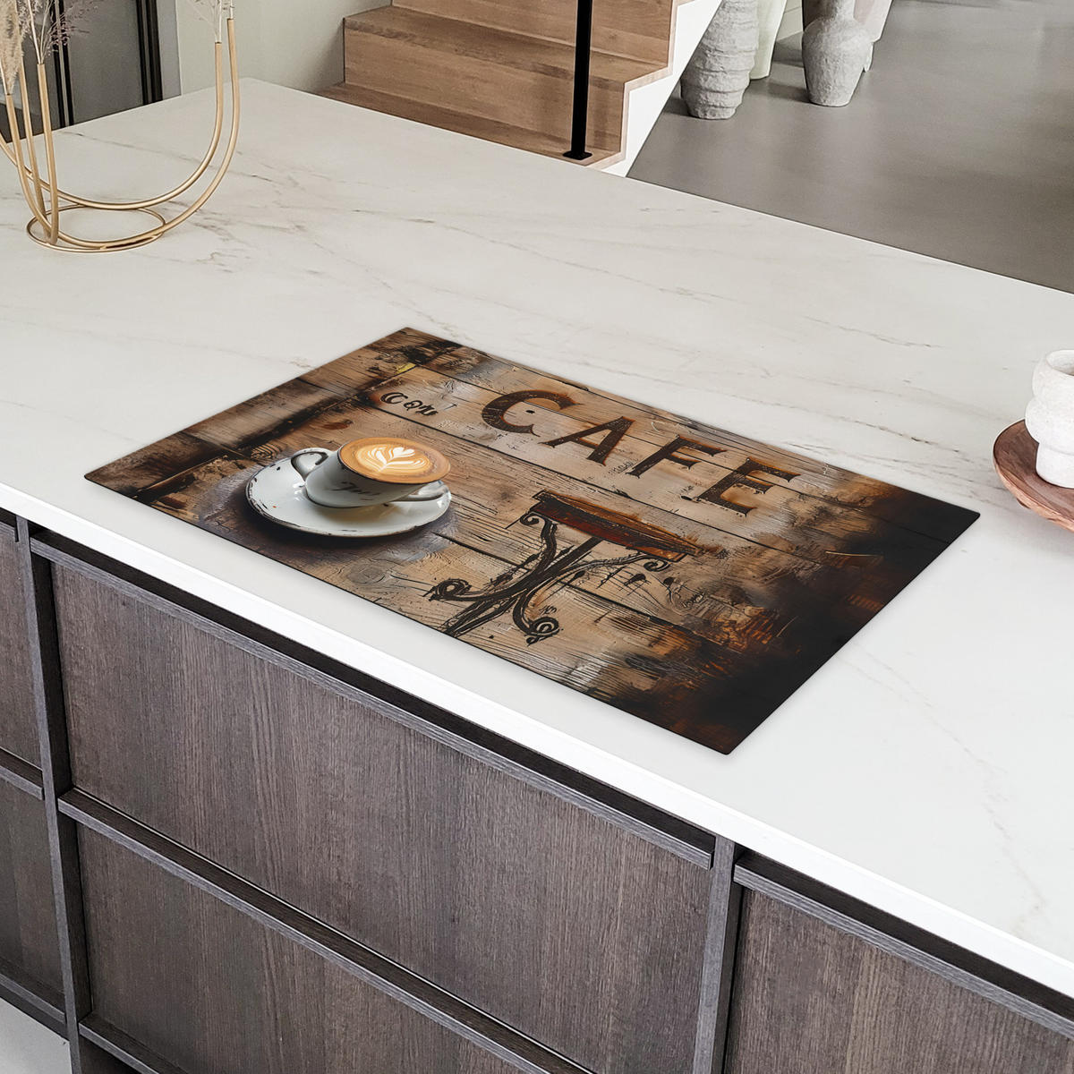 HERDABDECKPLATTE Cafe - Holz - Kaffee - Regale 89x51 cm - Schwarz, Kunststoff (89.6/0.2/51.6cm) - MuchoWow