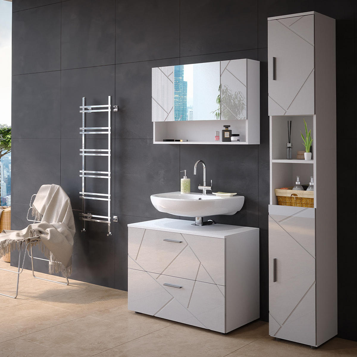 BADMÖBEL-SET Irma Weiß Hochglanz 3 Teile, mit Spiegelschrank 80 cm - Weiß Hochglanz/Weiß, Holzwerkstoff (80/58.6/41cm) - Vicco