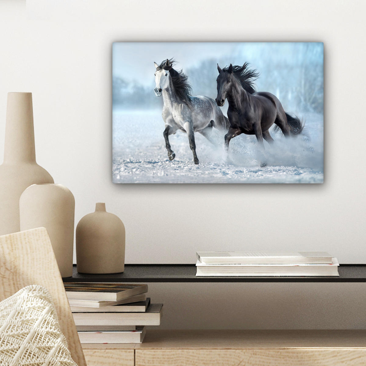 LEINWANDBILD Pferde - Winter - Tiere - Natur - Schnee 30x20 cm - Anthrazit, Textil (30/20cm) - MuchoWow