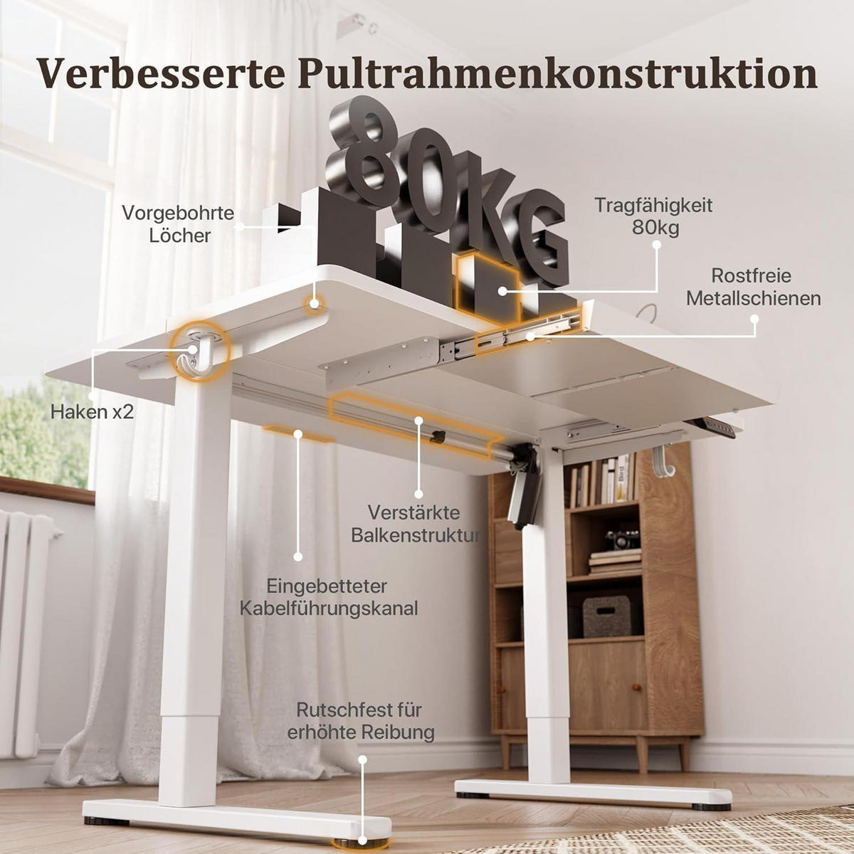 SCHREIBTISCH höhenverstellbar 120 x 60 cm mit Schublade und Memory-Funktion Weiß - Weiß, Holzwerkstoff (60/120/118cm)