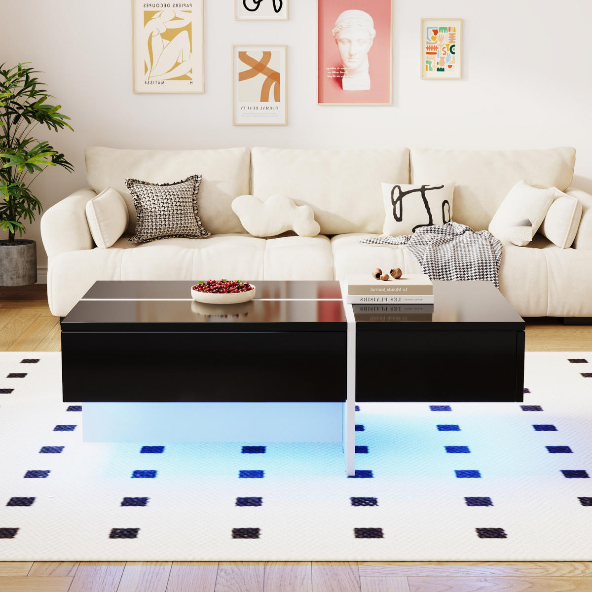 COUCHTISCH Schwarz Hochglanz mit LED, Stauraum und Schubladen - Schwarz, Metall (100/50/34cm)