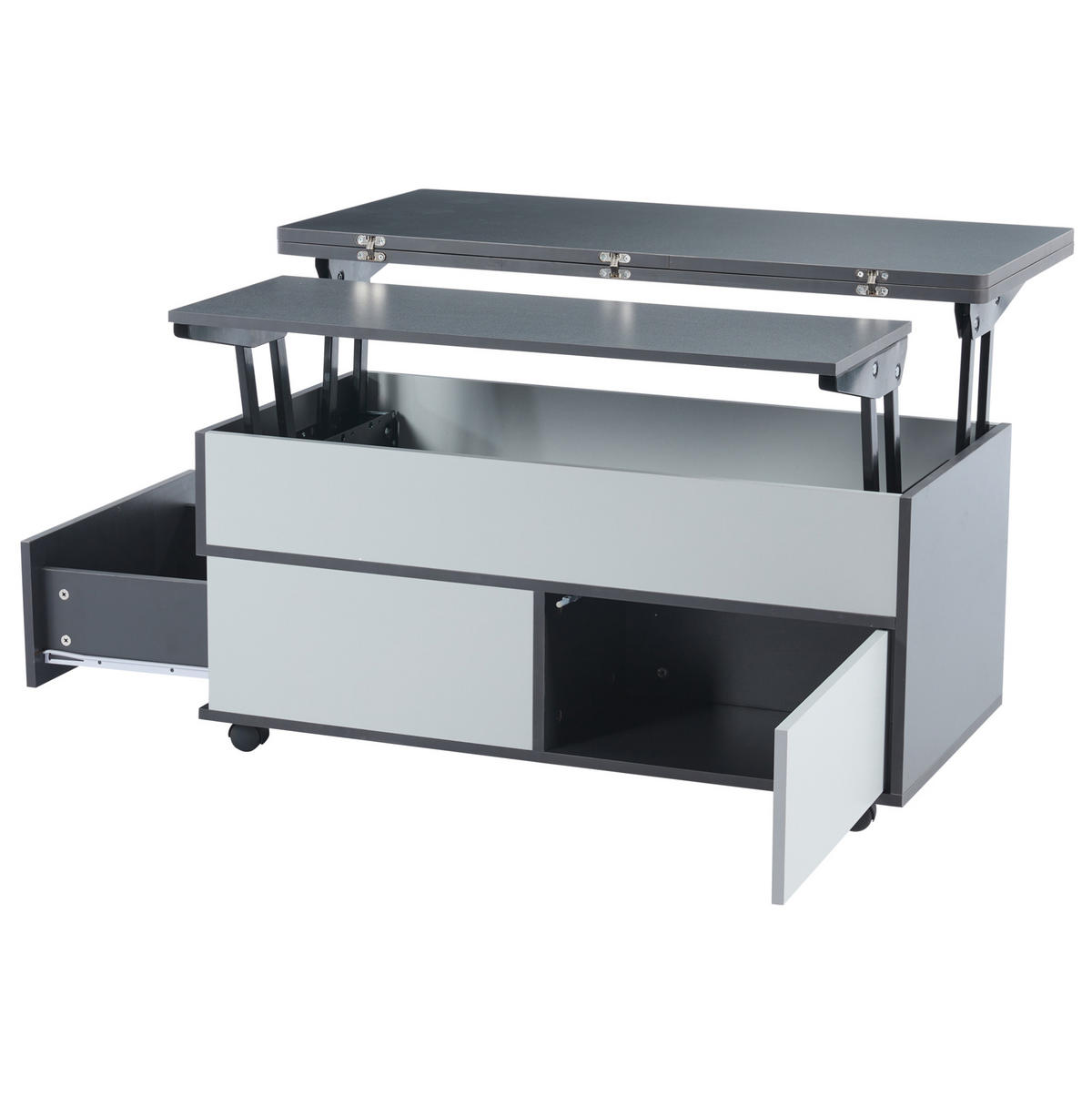 COUCHTISCH 100/98/65 cm höhenverstellbar mit Stauraum, Schublade, Schrank und Rollen aus Spanplatte, Grau/Weiß - Grau, Holzwerkstoff (100/98/65cm) - Modfu