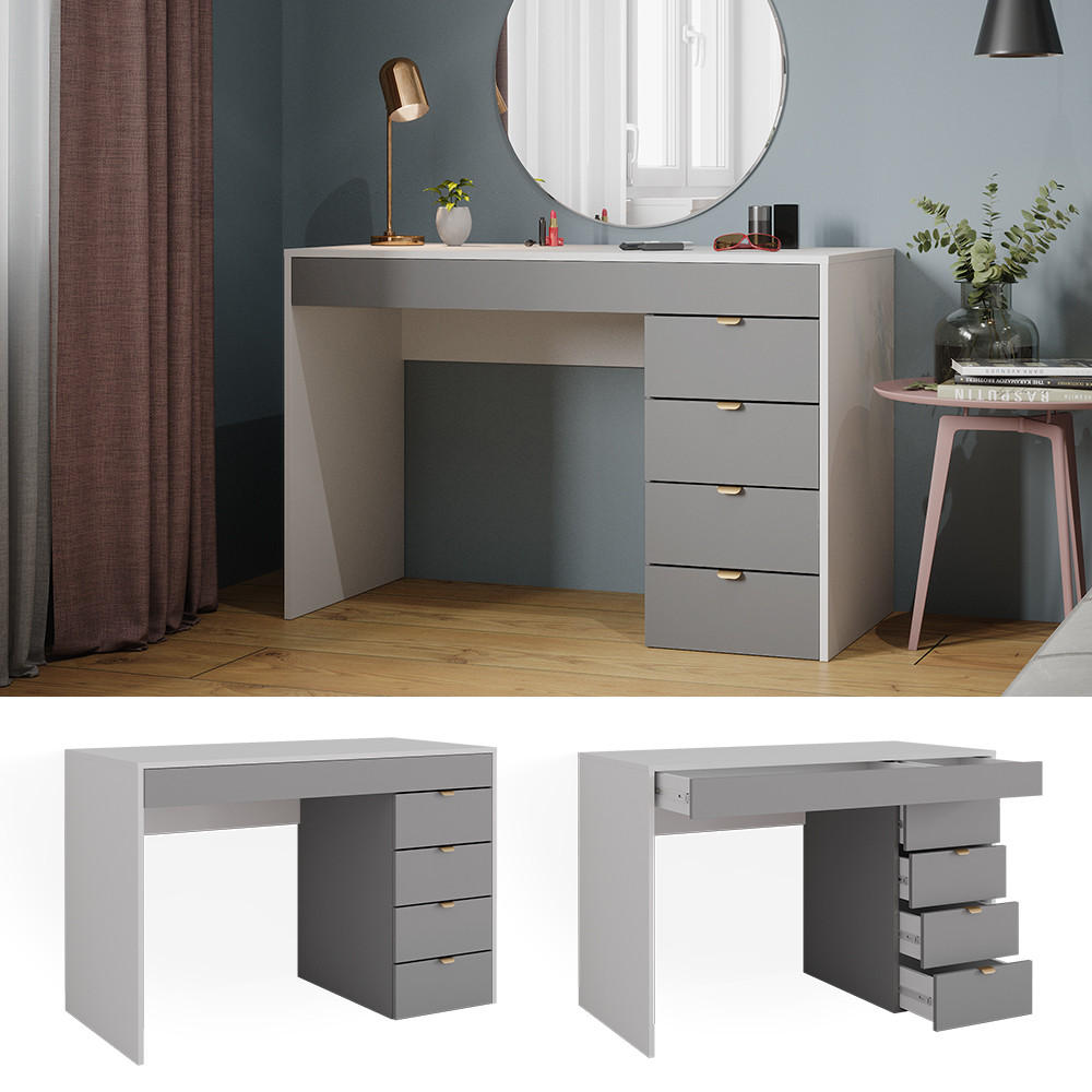 SCHREIBTISCH Elise Weiß/Grau/Grau 115 cm mit 5 Schubladen - Weiß/Grau, Holzwerkstoff (55/115/76cm) - Vicco