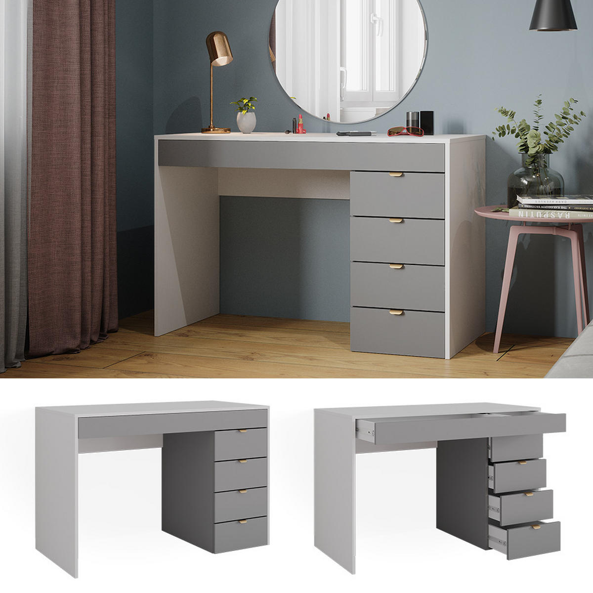 SCHREIBTISCH Elise Weiß/Grau/Grau 115 cm mit 5 Schubladen - Weiß/Grau, Holzwerkstoff (55/115/76cm) - Vicco
