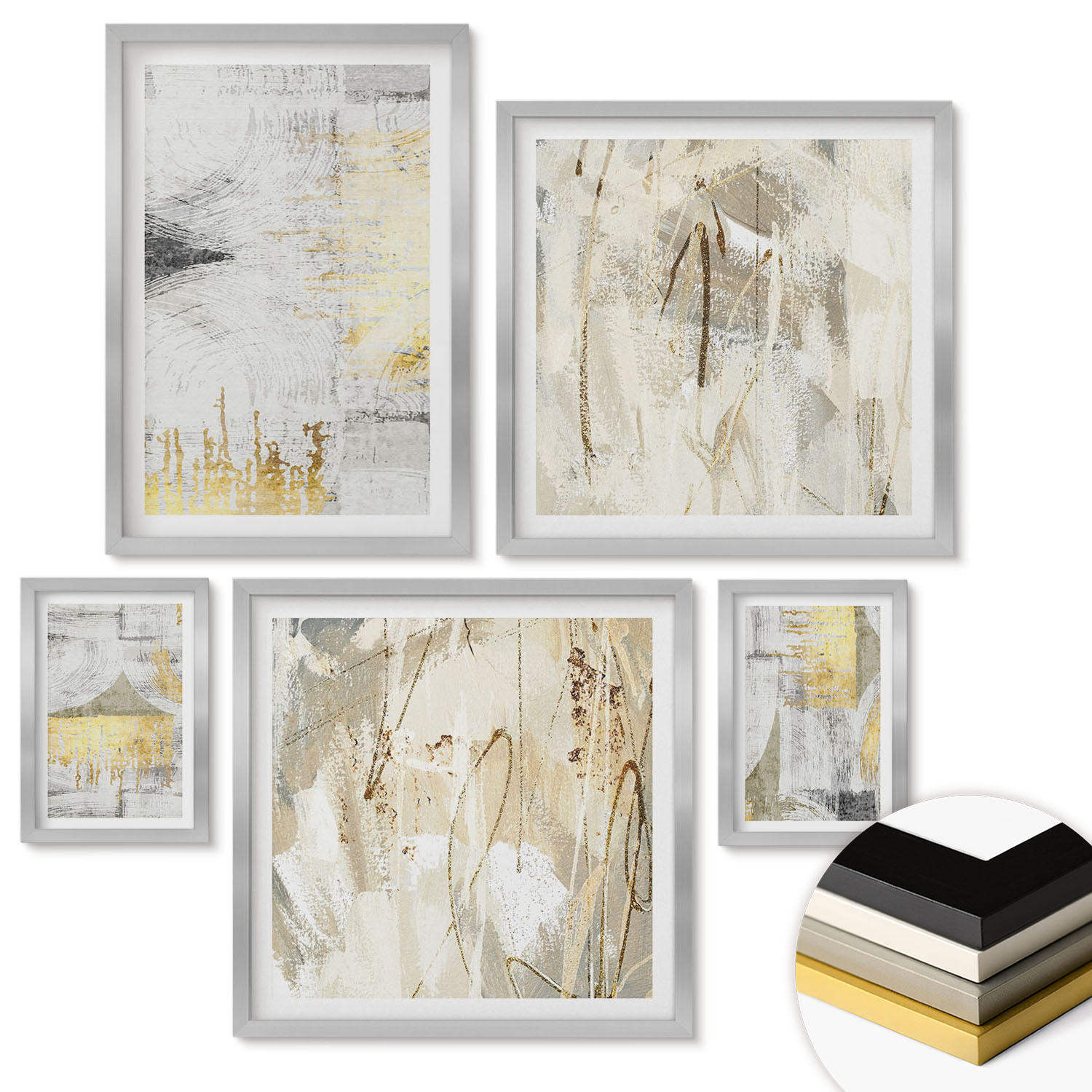 WANDBILDER 5er Set - 50x50 cm & 20x30 cm & 40x60 cm Silberner Rahmen - Abstrakte minimalistische Muster - Silberfarben, Kunststoff (40/60cm) - ArtPrintCave