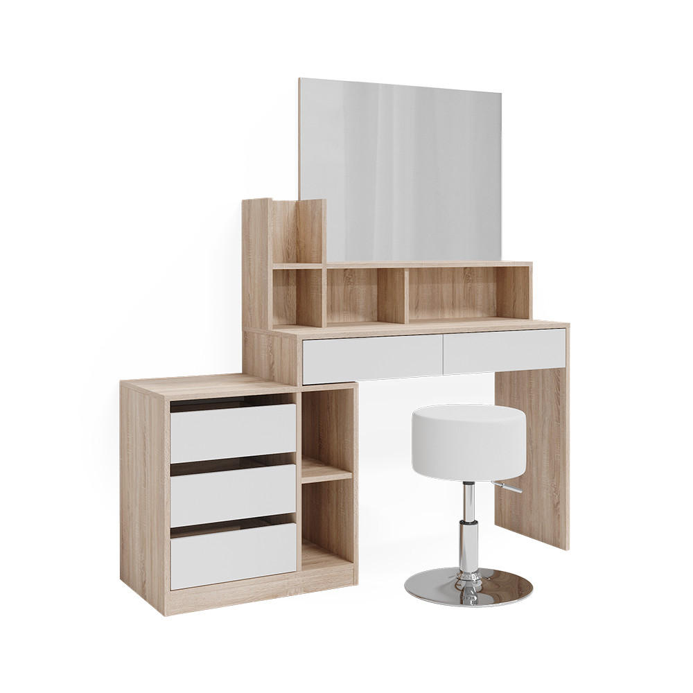 SCHMINKTISCH Anja Weiß/Sonoma 139.8 cm mit Hocker - Weiß/Sonoma Eiche, Holzwerkstoff (139.8/115/40cm) - Vicco