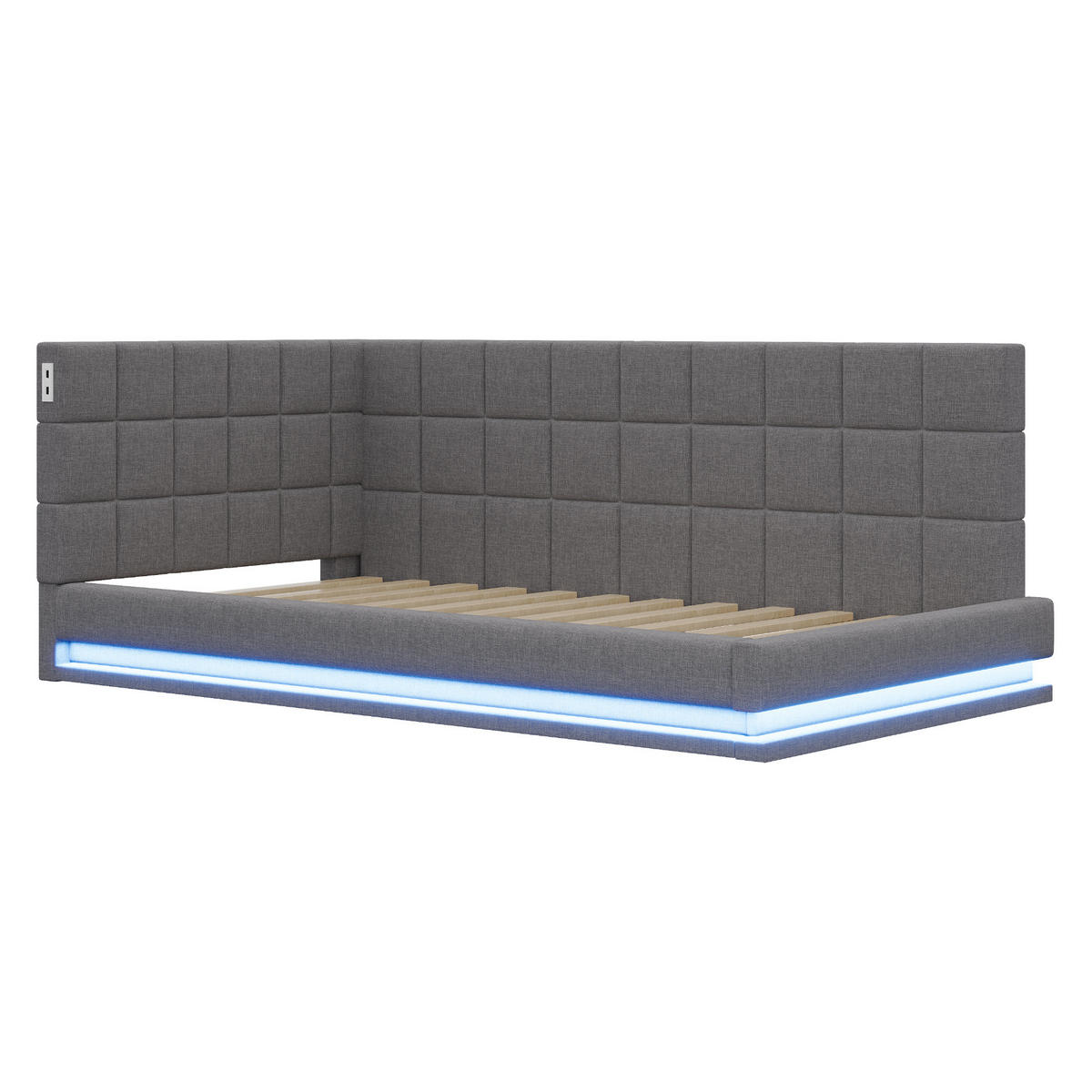 POLSTERBETT 90/200 cm mit LED-Beleuchtung, USB-Anschluss und Lattenrost aus Leinen, Grau - Grau, Textil (90/200cm) - Redom