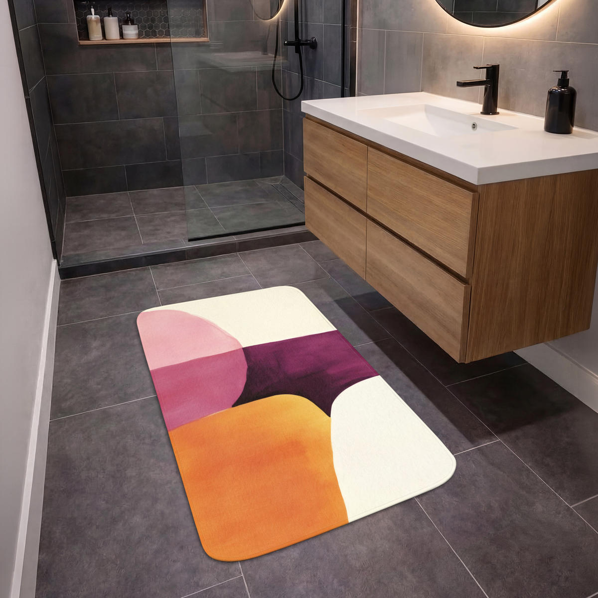 KOUPELNOVÁ PŘEDLOŽKA Tvary - abstraktní - barevné 60x90 cm - terakotová, textil/plast (60/90cm) - OnlyWow