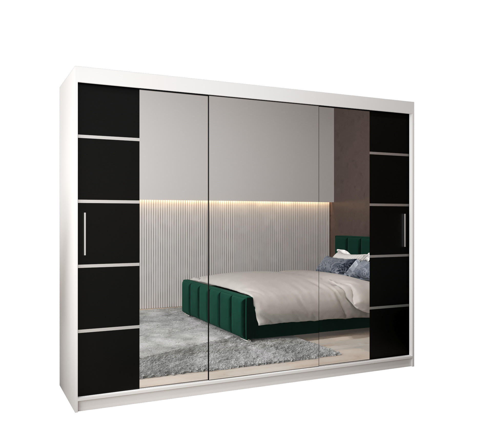 Möbel Kryspol Schwebetürenschrank Weiß, Schwarz, Silber 250x200x62 cm