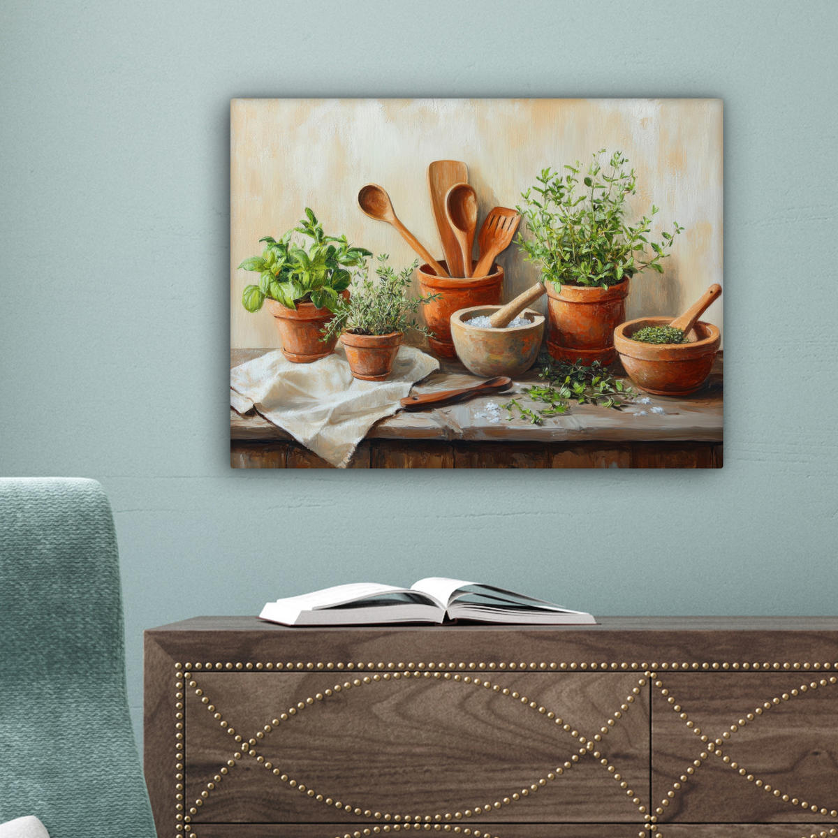 LEINWANDBILD Töpfe - Kräuter - Holz 40x30 cm - Terracotta, Textil (40/30cm) - MuchoWow