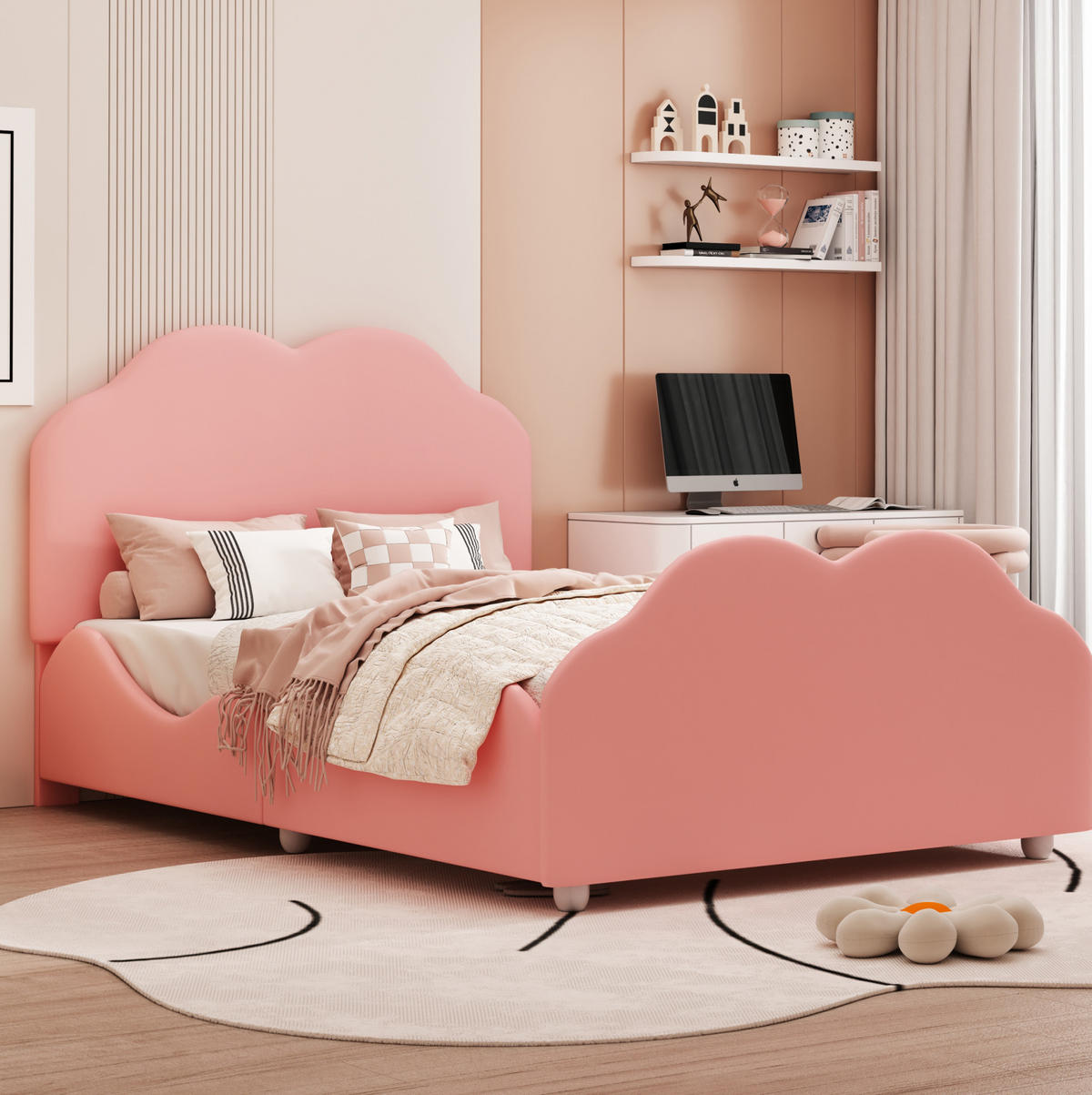 KINDEREINZELBETTEN aus Samt 90x200 cm in Rosa mit Rausfallschutz - Rosa, Textil (90/200cm) - Modfu