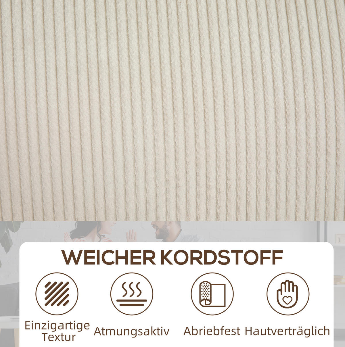 3-SITZER-SOFA 227/84/87 cm mit Federkern, Cordbezug und gepolsterten Armlehnen, Cremeweiß - Weiß, Holzwerkstoff (227/87/84cm) - Redom