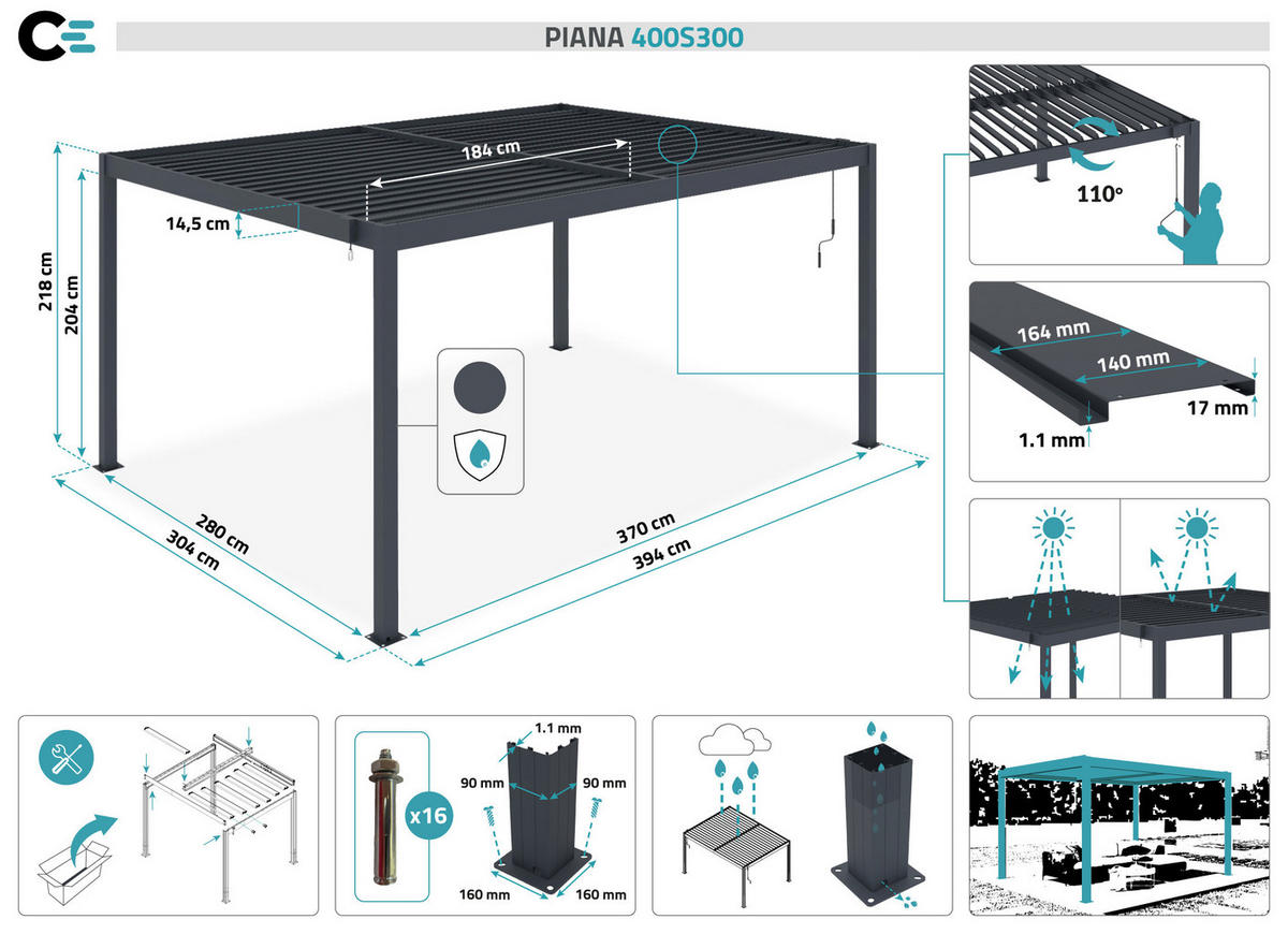 PERGOLA BIOKLIMATISCHE SELBSTTRAGENDE Piana grauem 4m x 3m - Grau, Metall (304/218/304cm) - Cazeboo