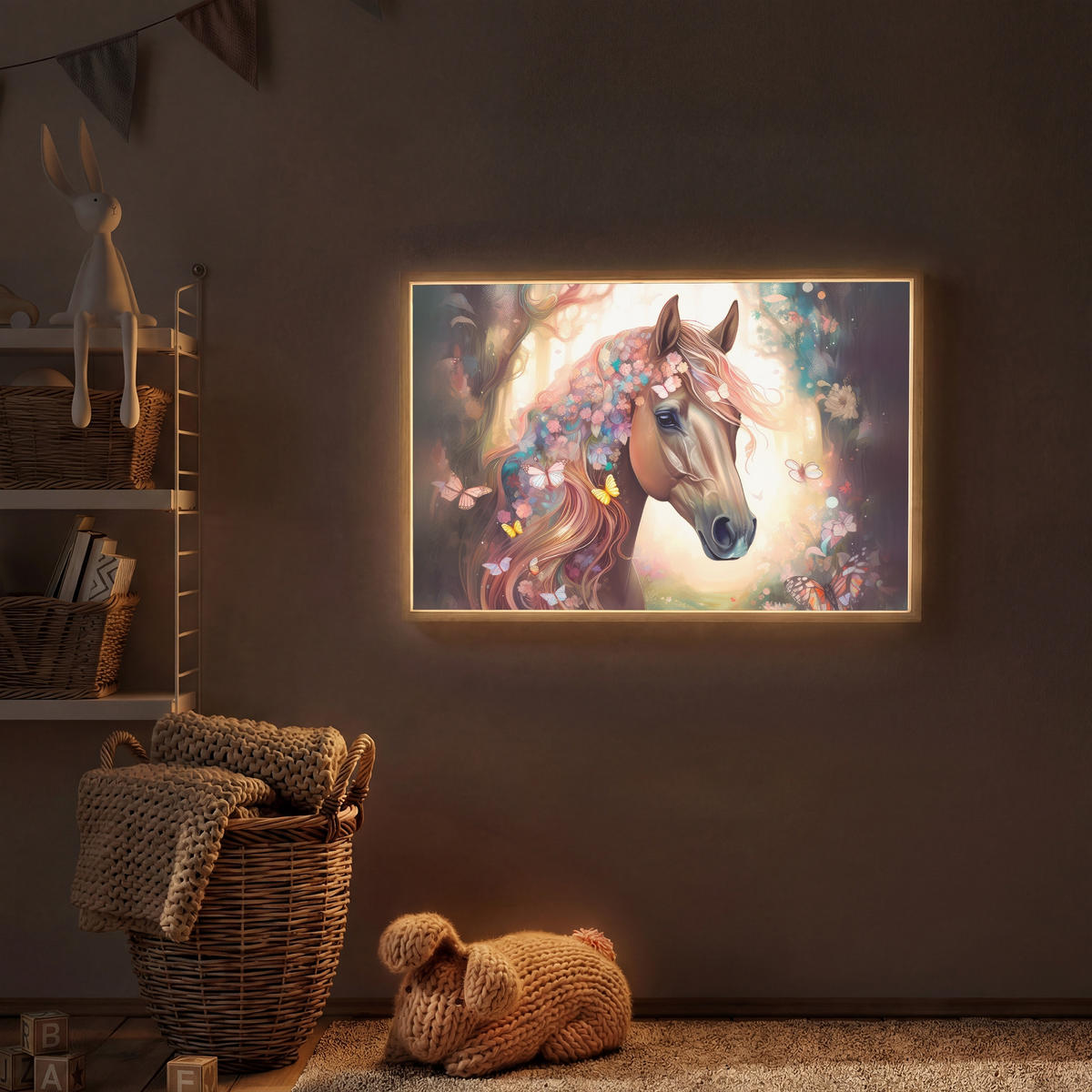 NACHTTISCHLAMPE MIT AKKU Pferd - Natur - Blumen - Schmetterlinge - Wald 100x70 cm - Dunkelbraun, Holzwerkstoff (8/100/70cm) - OnlyWow