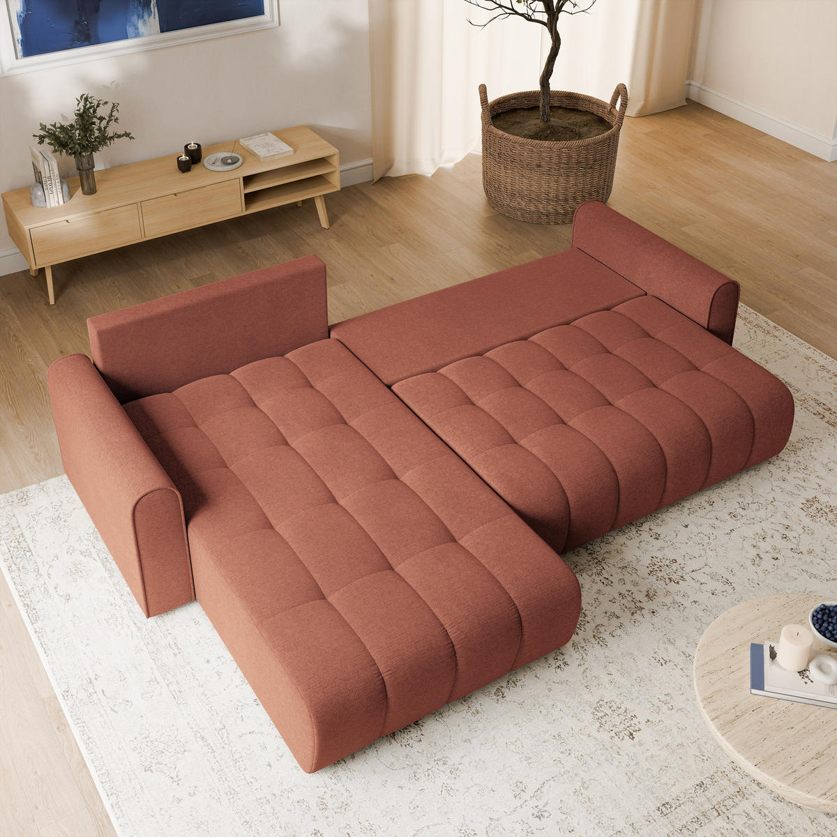 ECKSOFA FRIGA Orange Strukturstoff mit Schlaffunktion - Terracotta, Holz (283/185cm) - MASSENO