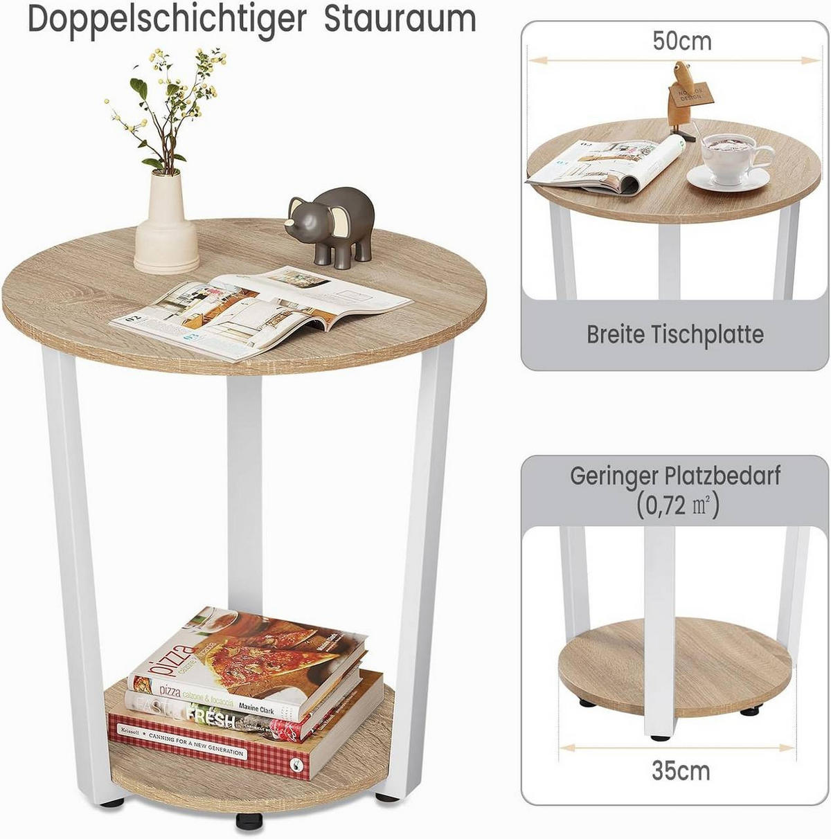 COUCHTISCH rund, mit 2 Ablagen, Helle Eiche - Eichefarben, Holzwerkstoff/Metall (50/50/53cm) - Woltu