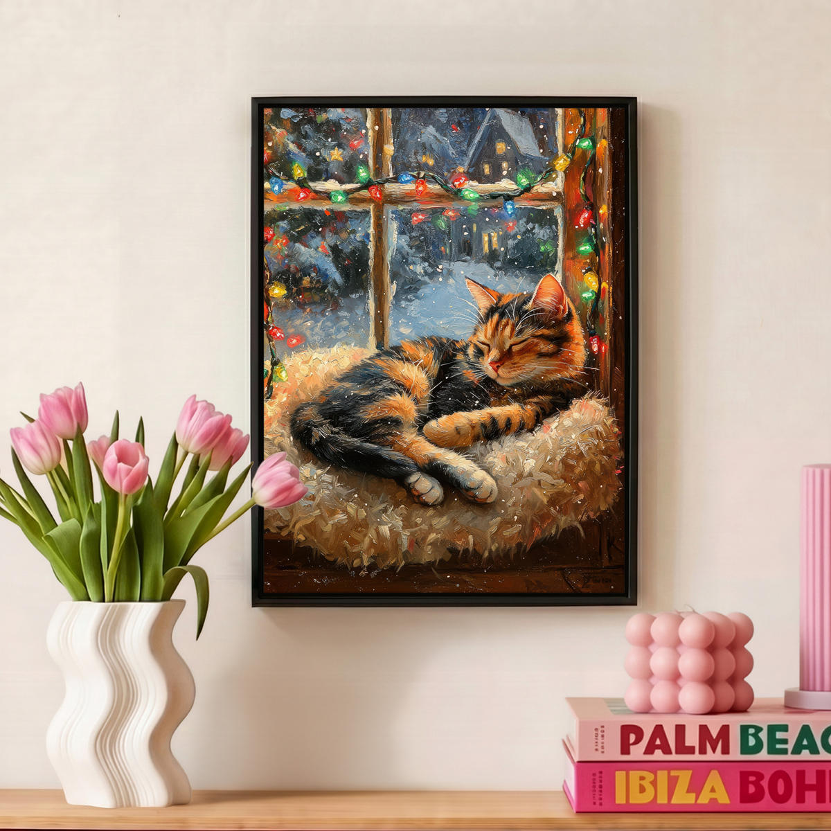 LEINWAND Bilder mit Rahmen - Katze - Weihnachten - Winter - Tier - 30x40 - Bernsteinfarben, Textil (30/40cm) - MuchoWow