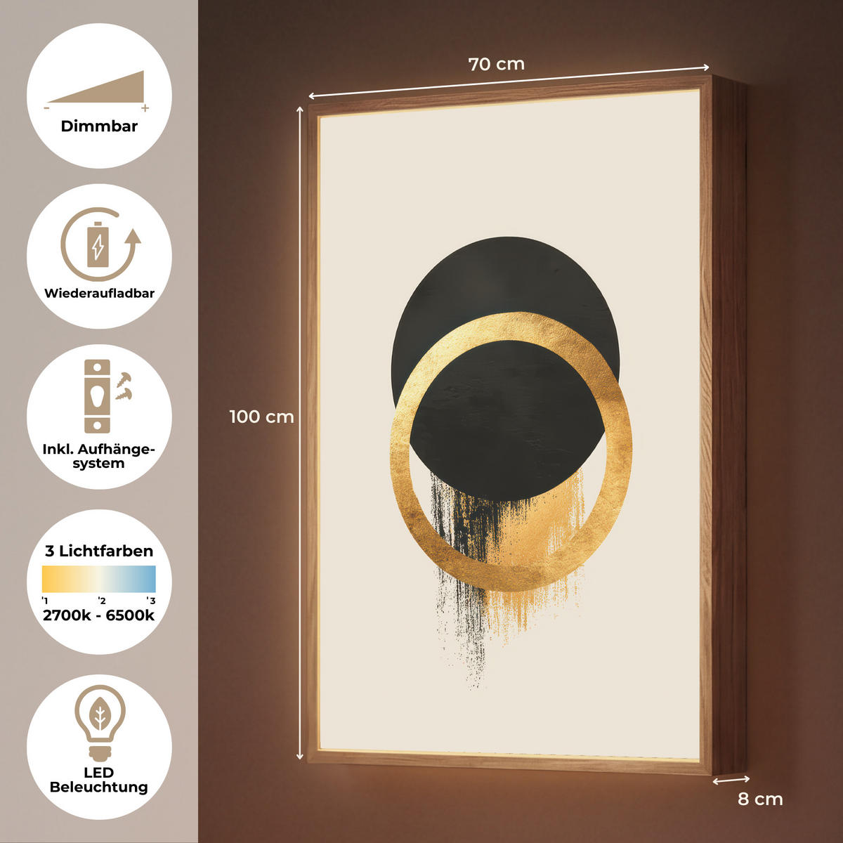 WANDLEUCHTE MIT AKKU Abstraktes Design - Schwarzer Kreis - Farbflecken 70x100 cm - Creme, Holzwerkstoff (70/100/8cm) - OnlyWow