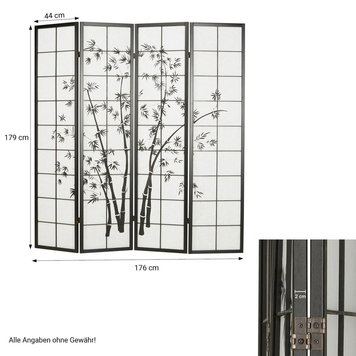 PARAVENT 4-tlg. 176/179 cm Schwarz Bambusmuster - Schwarz, Holz (176/179/2cm) - Homestyle4u