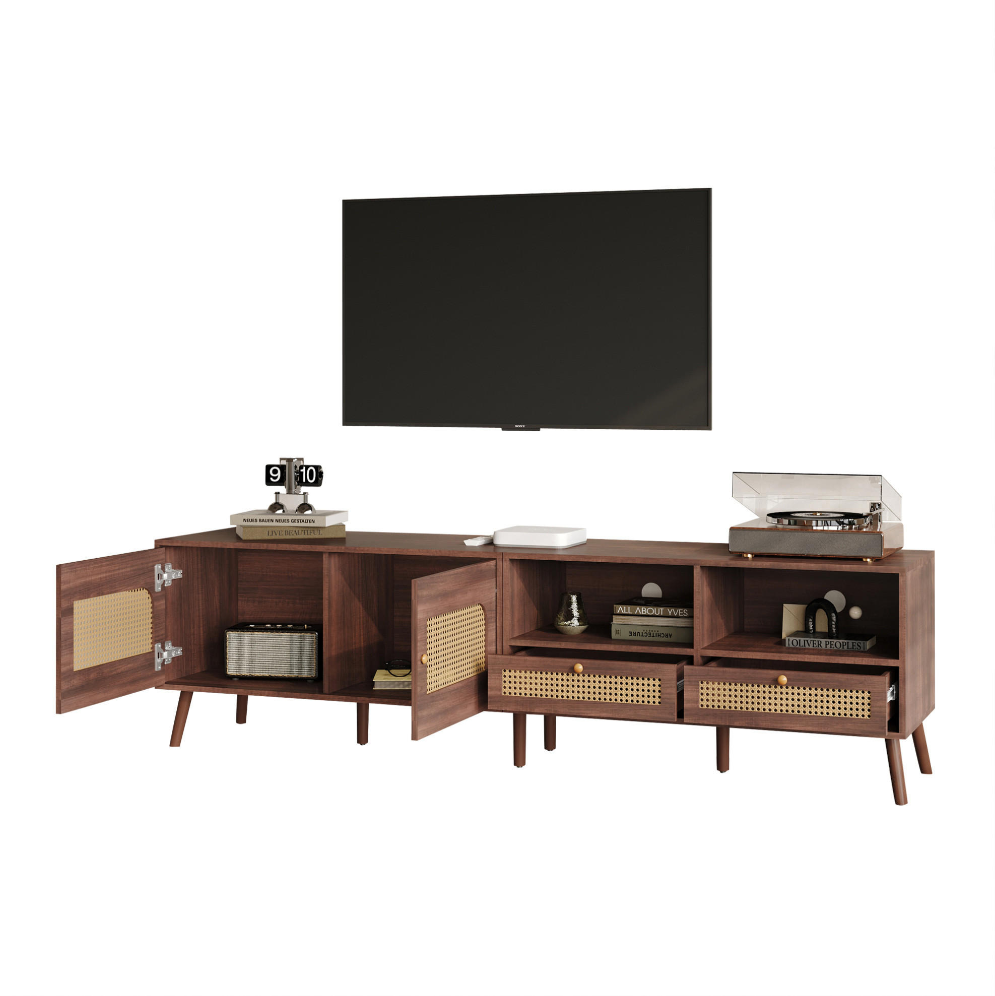 TV-LOWBOARD aus Spanplatte 200x37x49,5 cm Braun mit Rattantüren und 2 Schubladen - Braun, Holzwerkstoff (200/49.5/37cm) - IVMEU