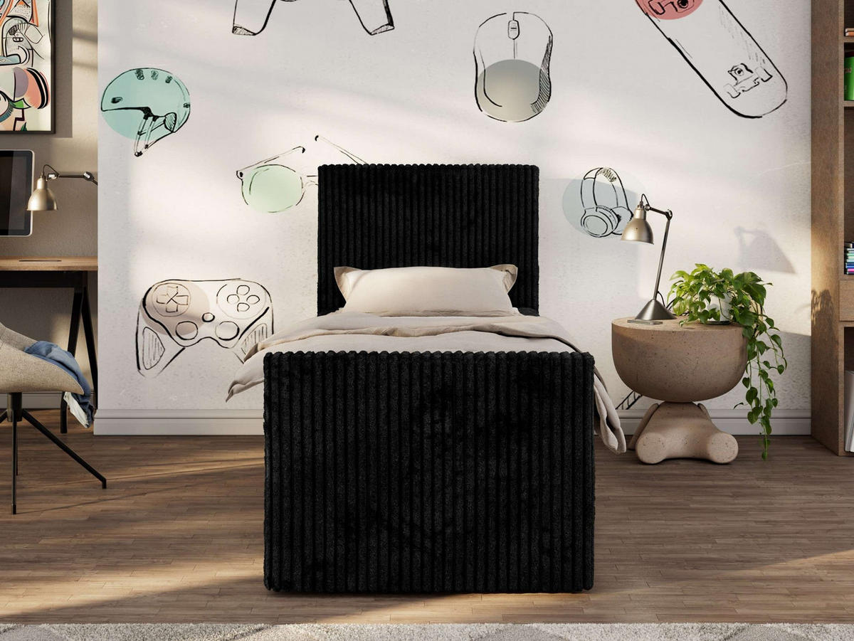 JUGENDBETT TILIO DUO 90/200 - Schwarz Cord - H4 - Rechts Seite - Schwarz, Textil (90/200cm) - MKS