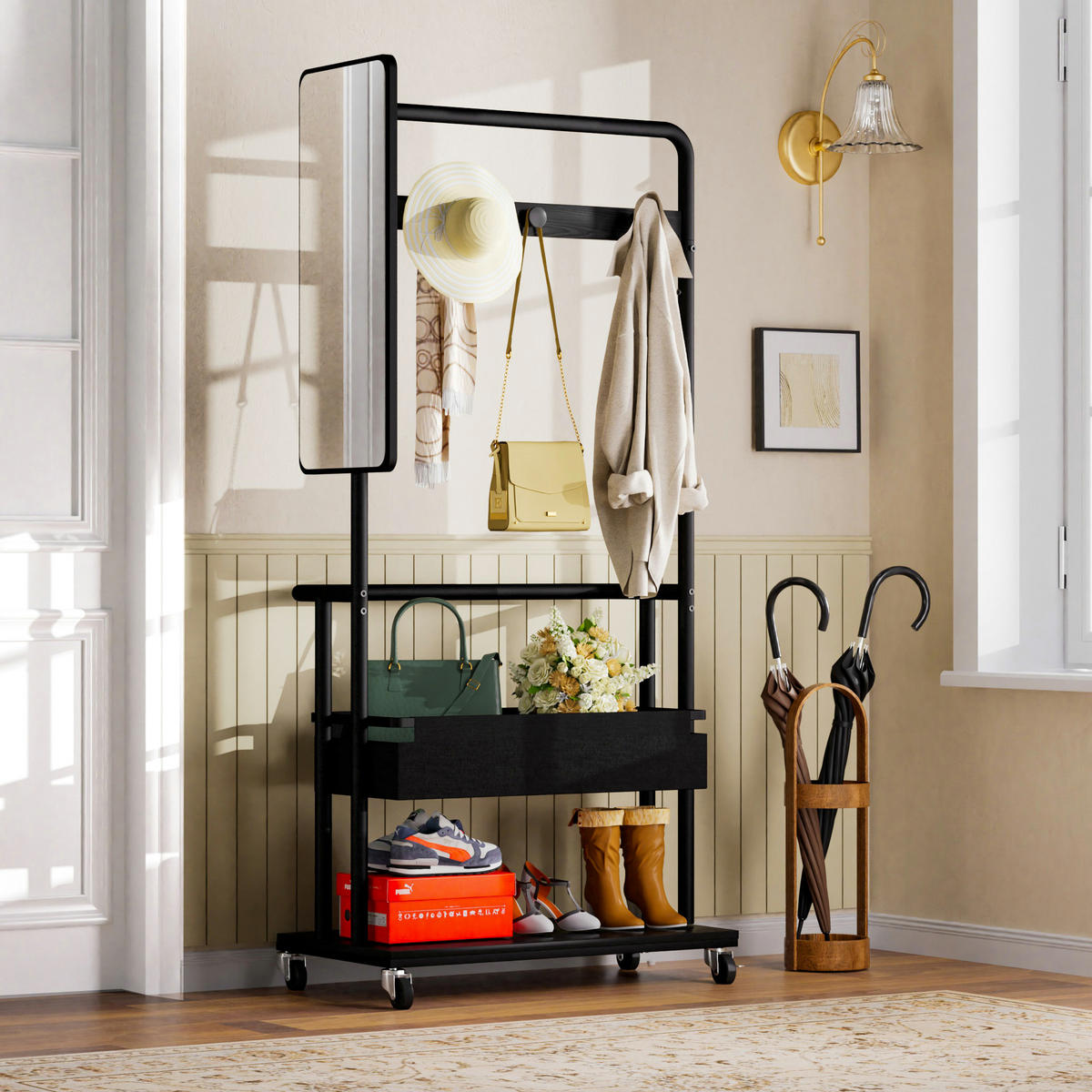 STANDGARDEROBE 70/40/170 cm mit Spiegel, Kleiderstange und Schuhablage in Schwarz - Schwarz, Holzwerkstoff (70/170/40cm) - BEAOK